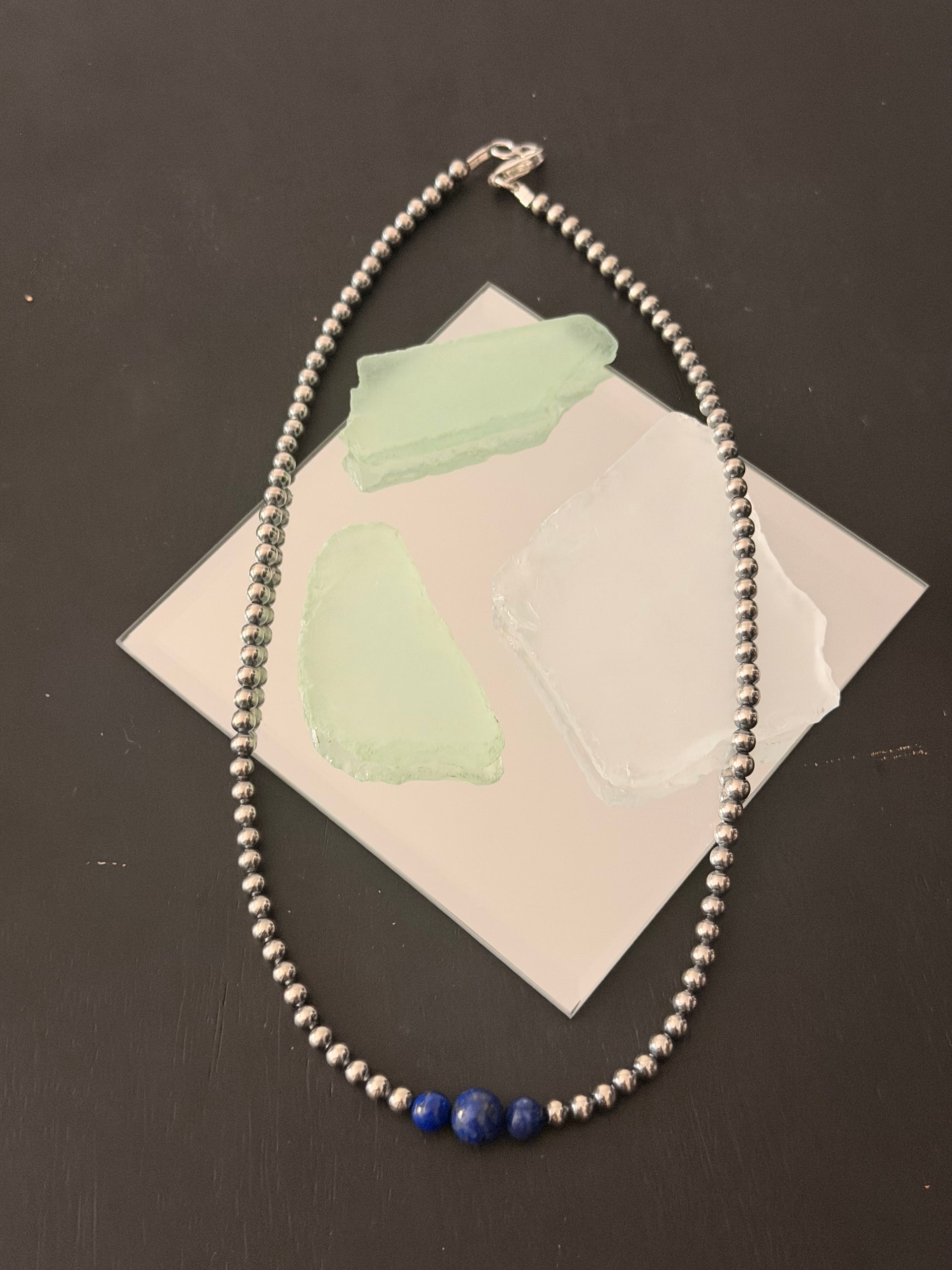 Navajo Strung Lapis & Sterling Silver Machine Made 18” Pearls Beaded Necklace