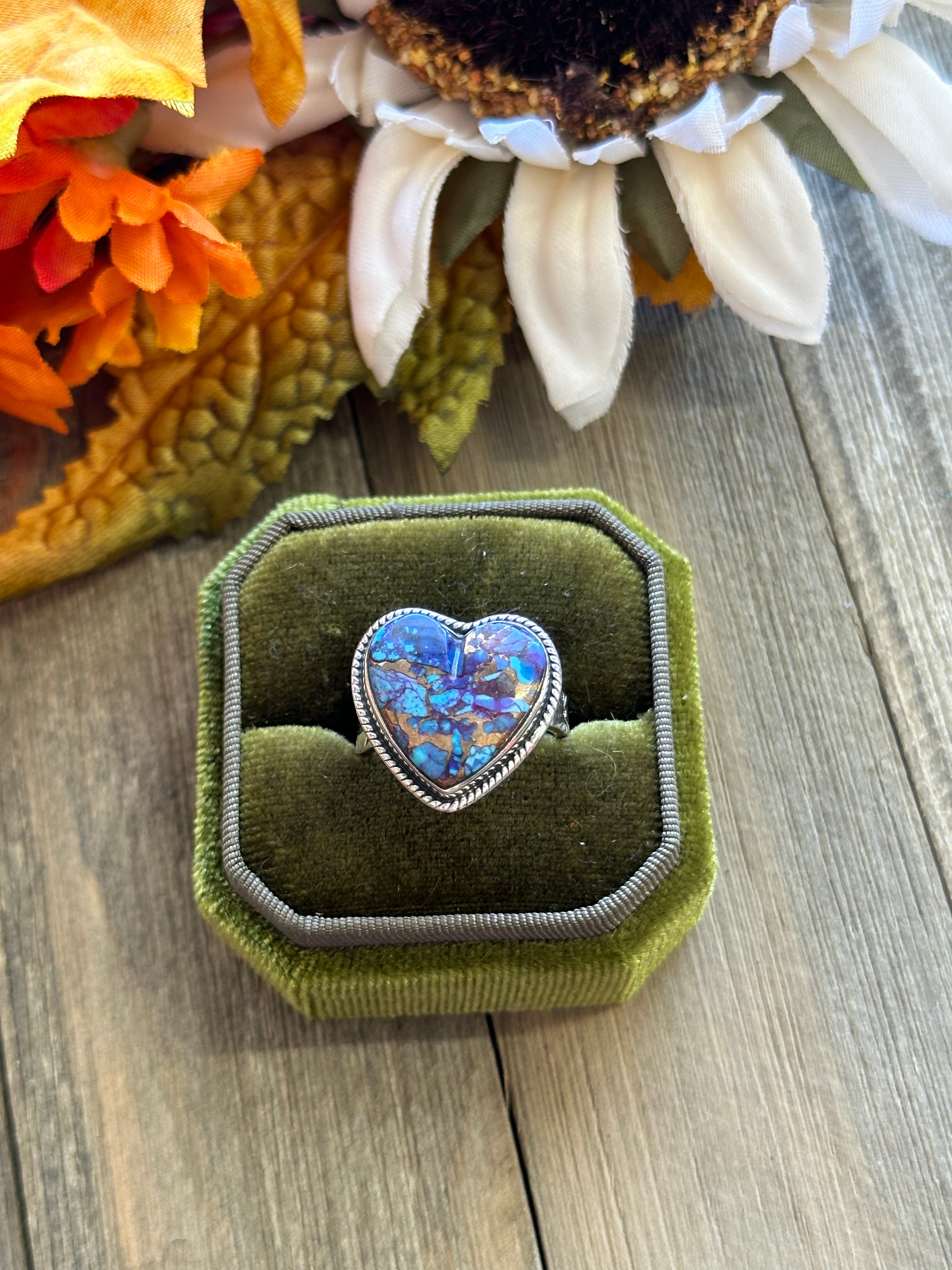 Southwest Handmade Mohave Turquoise & Sterling Silver Adjustable Heart Ring