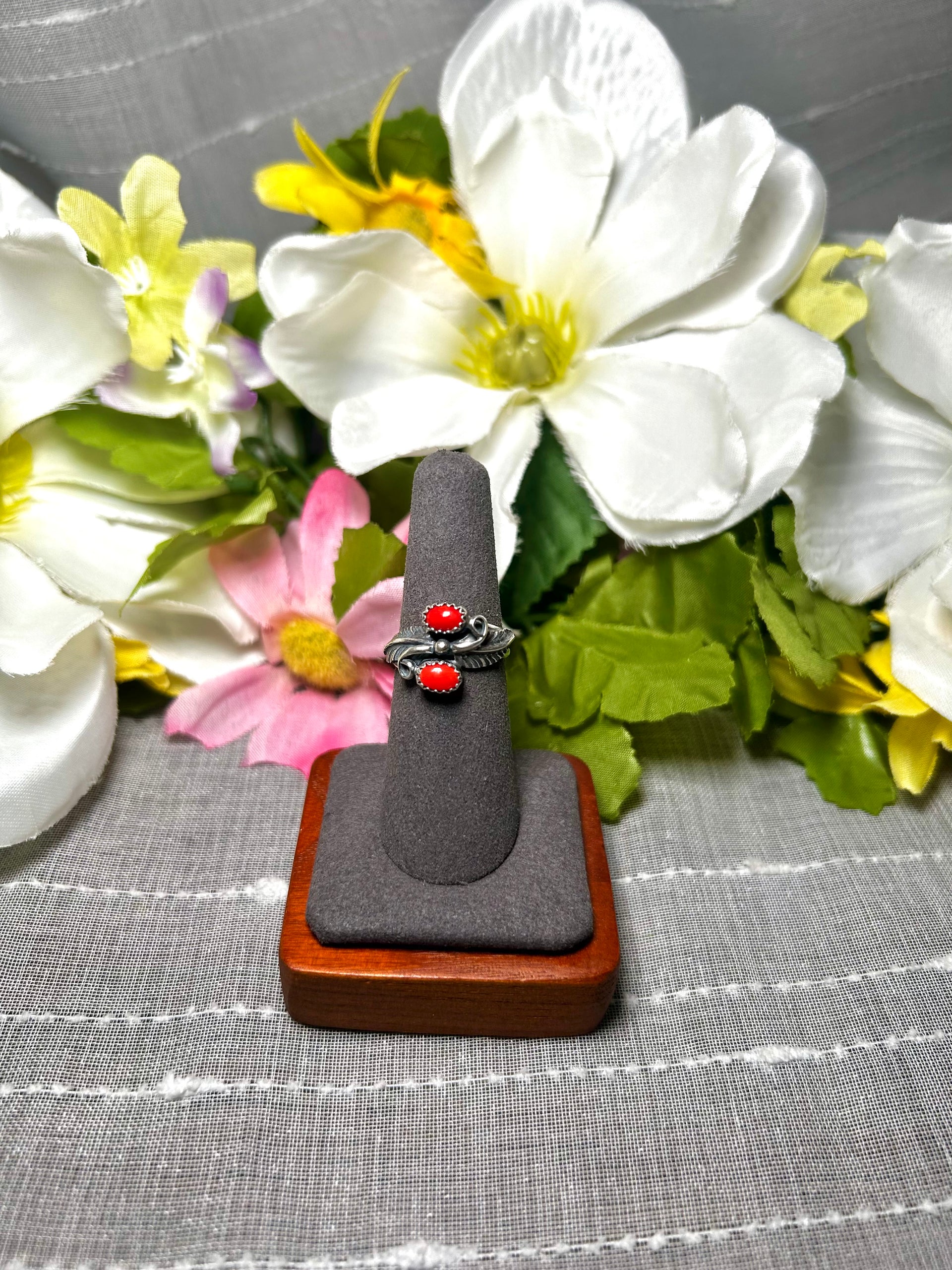 Harry Yazzie Red Coral & Sterling Silver Ring