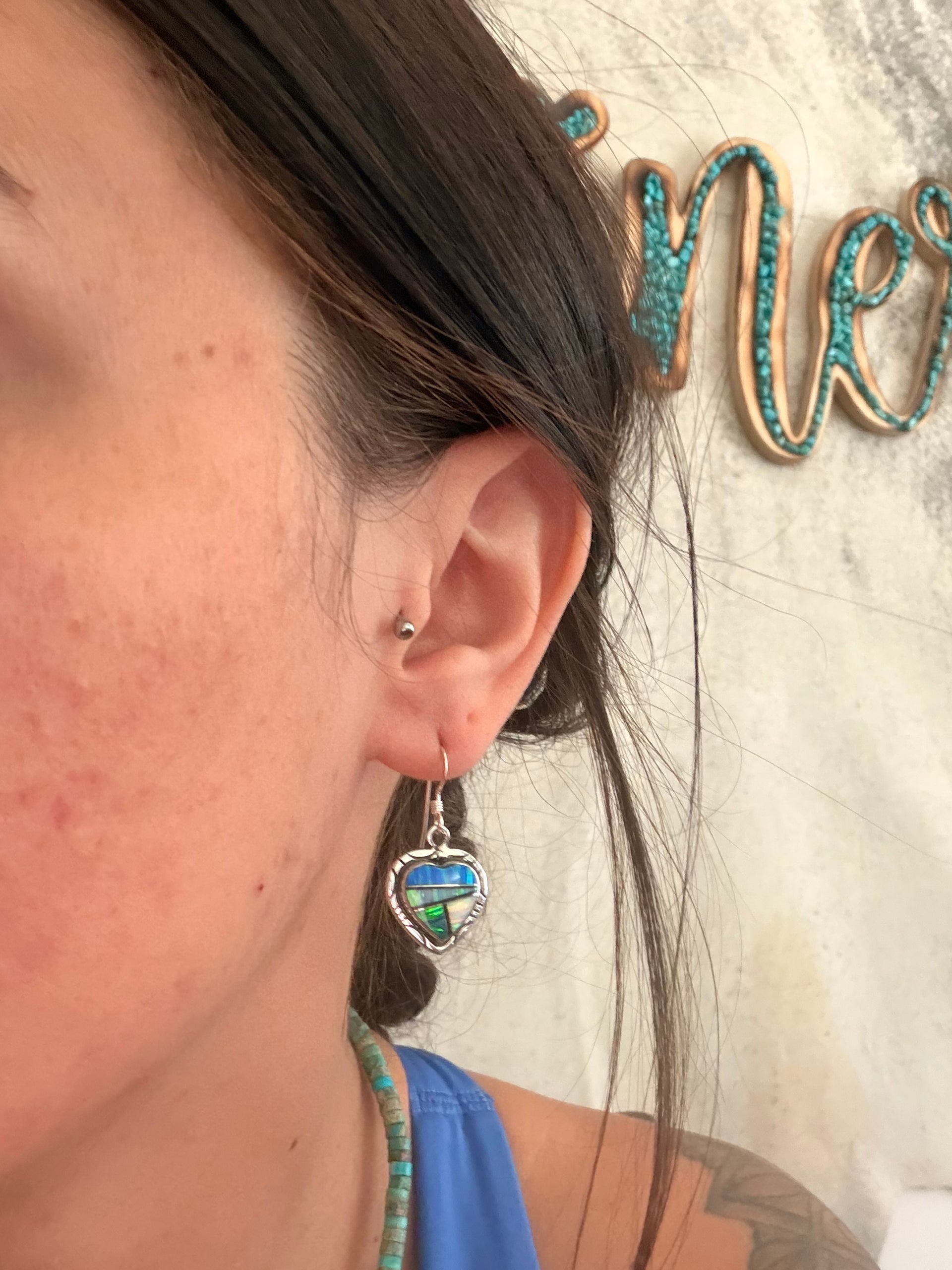 Navajo Made Opal (Man Made) & Sterling Silver Dangle Inlay Earrings