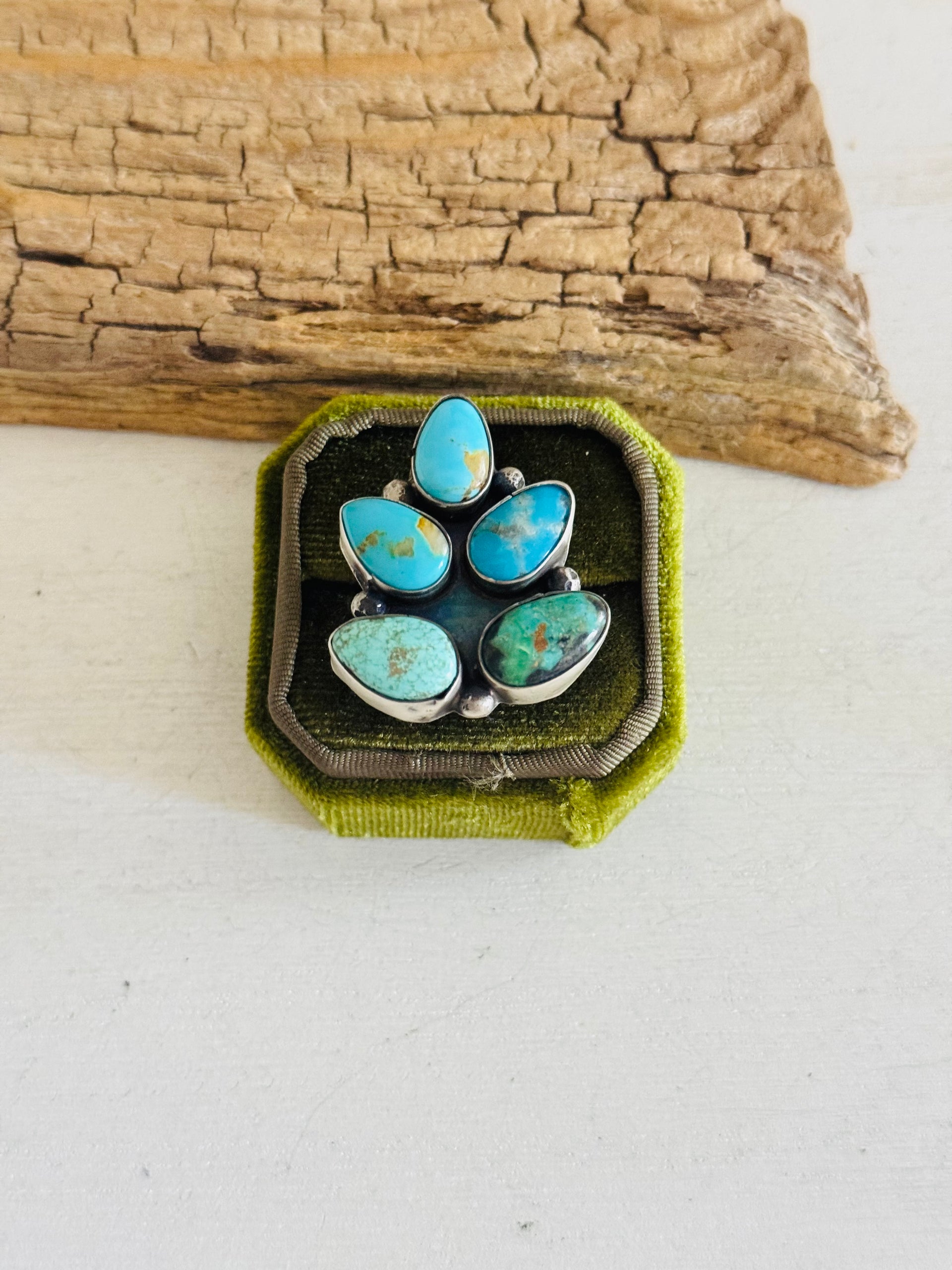 Navajo Made Multi Turquoise & Sterling Silver Adjustable Cluster Ring