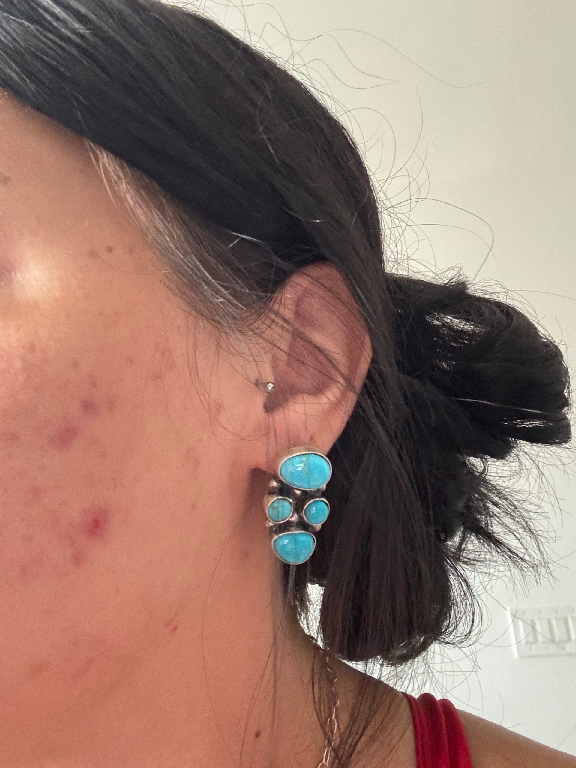 Lydia Begay Kingman Turquoise & Sterling Silver Post Dangle Cluster Earrings