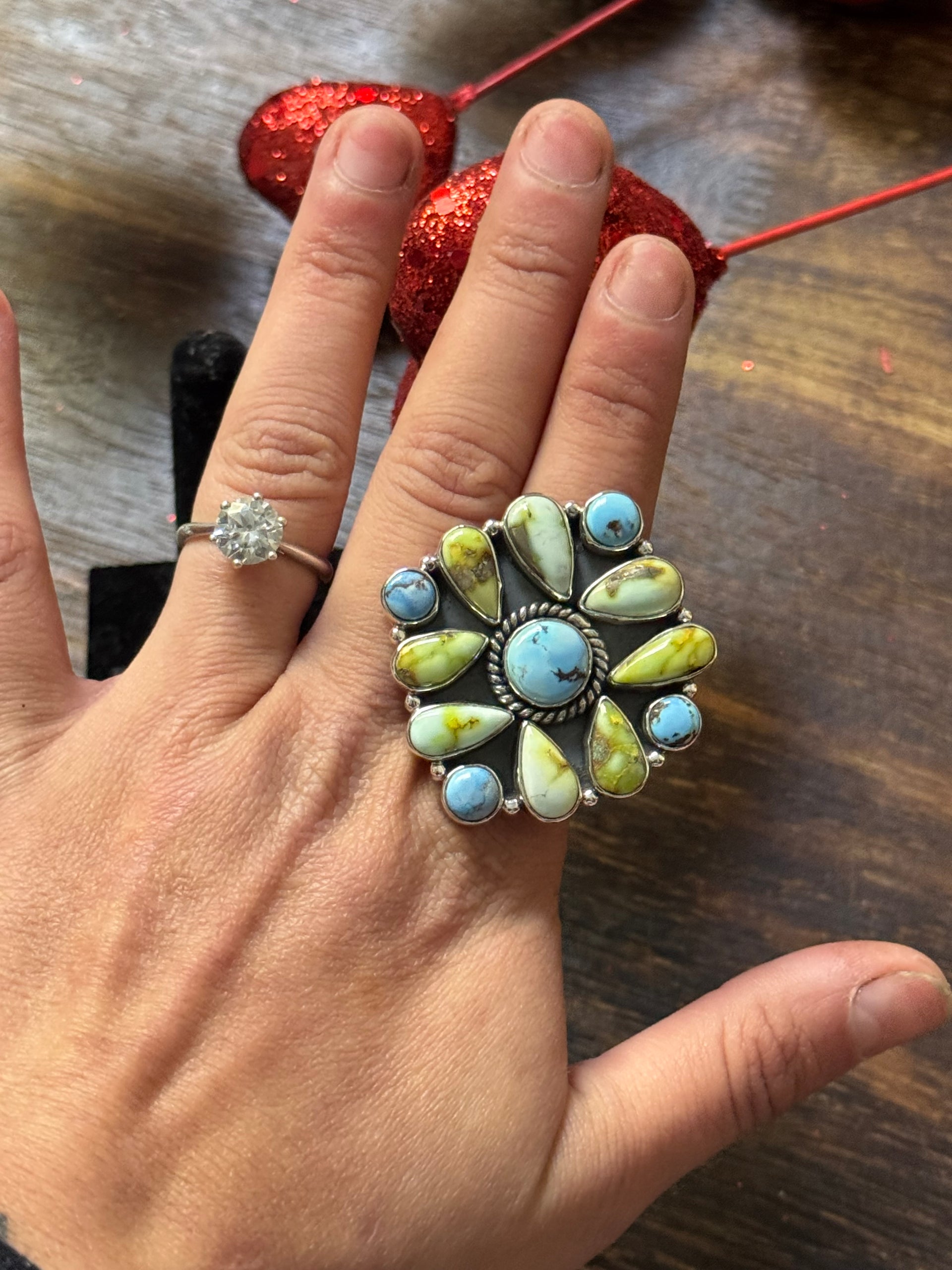 Southwest Handmade Multi Stone & Sterling Silver Adjustable Cluster Ring