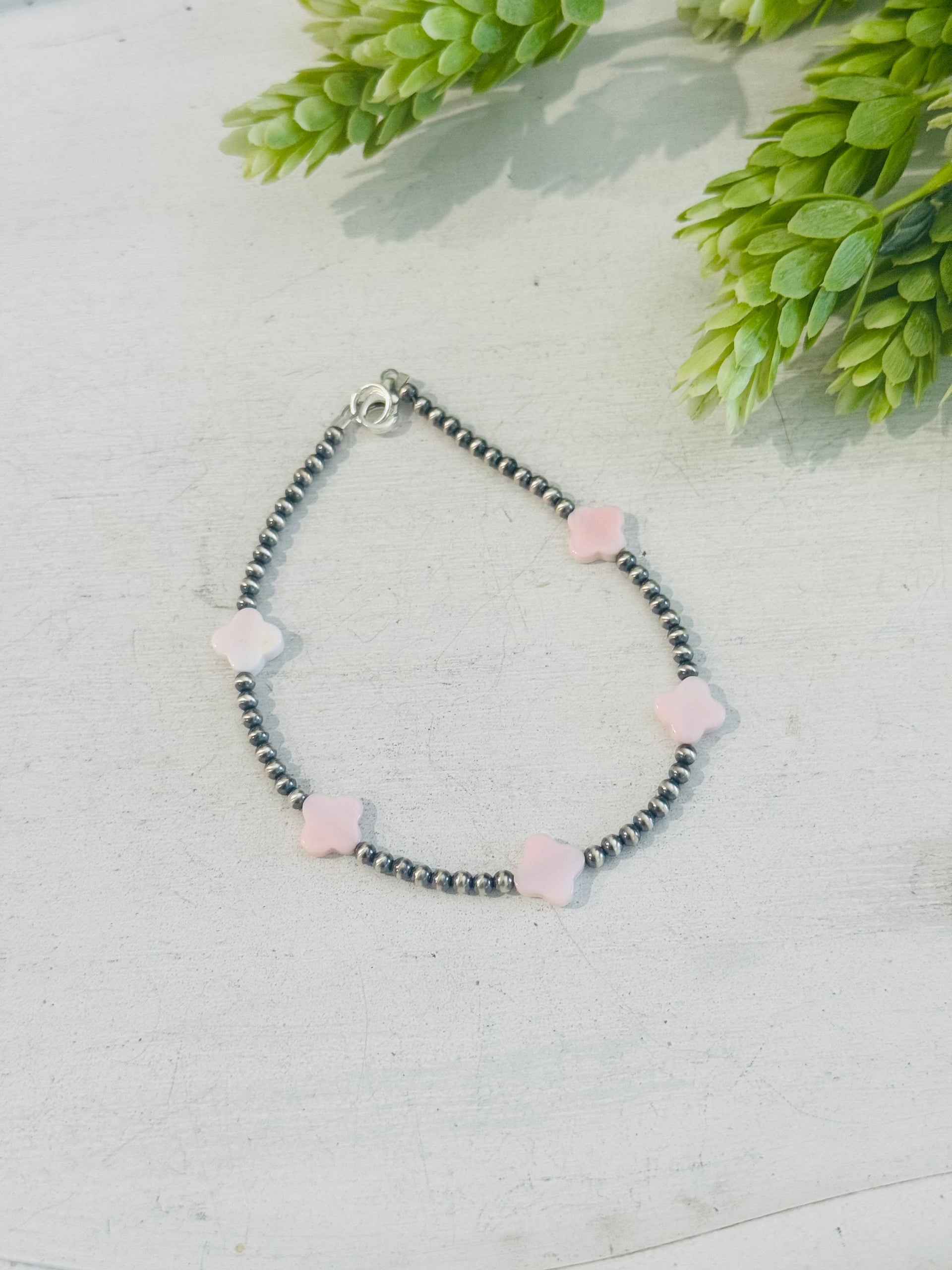 Southwest Strung Pink Conch & Sterling Silver Beaded Anklet