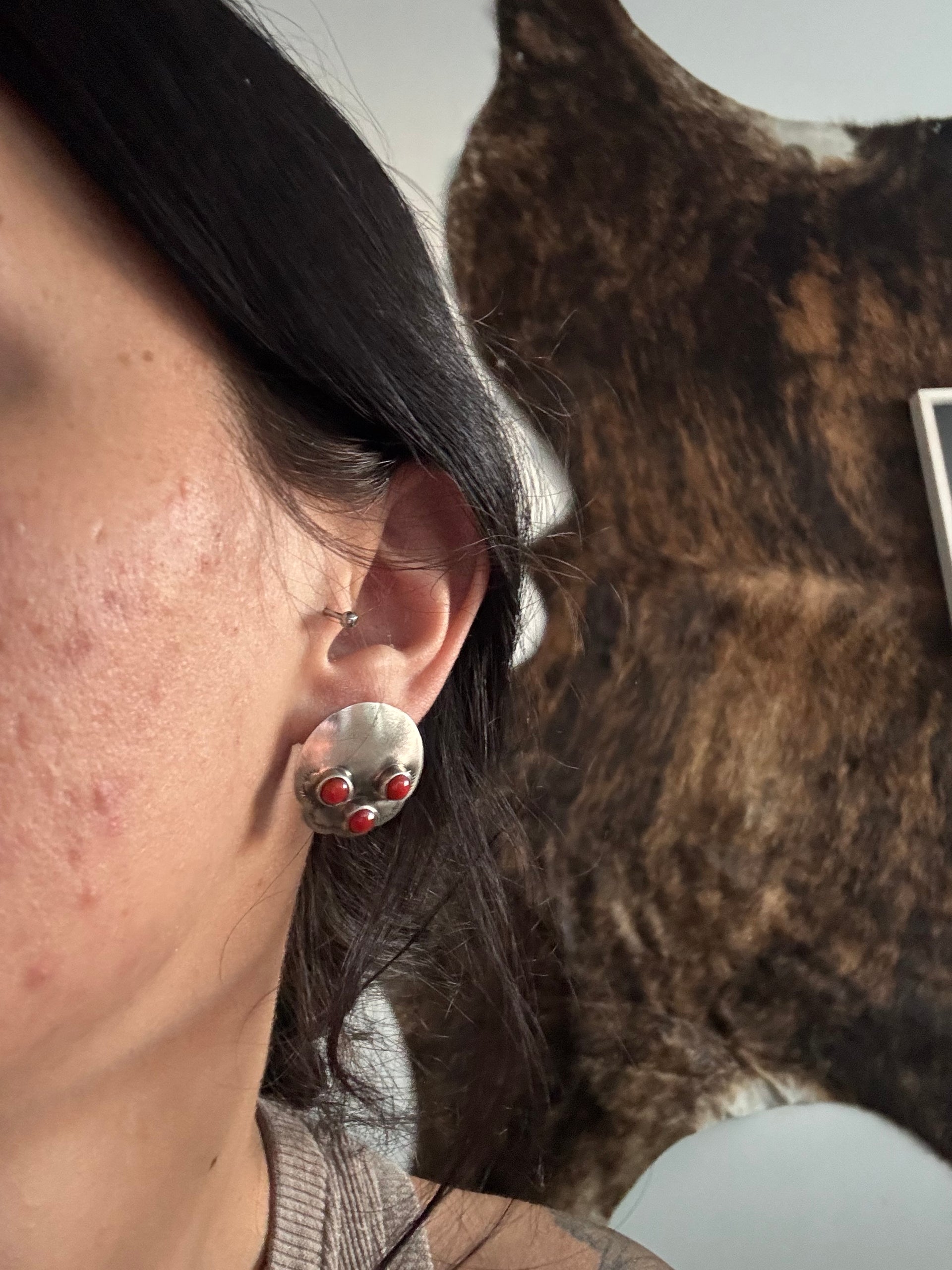 Sheila Tso Red Coral & Sterling Silver Post Earrings