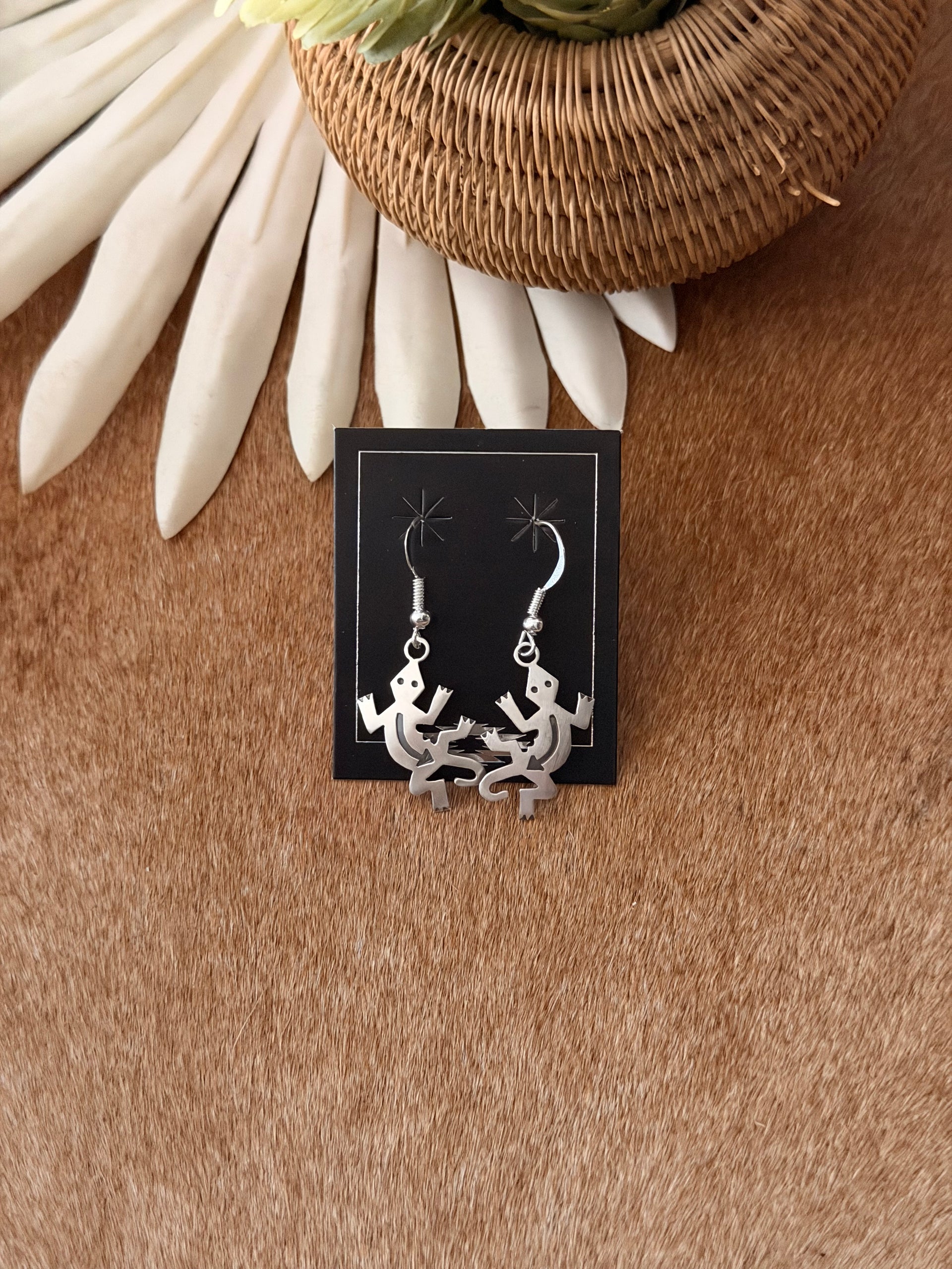 Navajo Made Sterling Silver Lizard Dangle Earrings