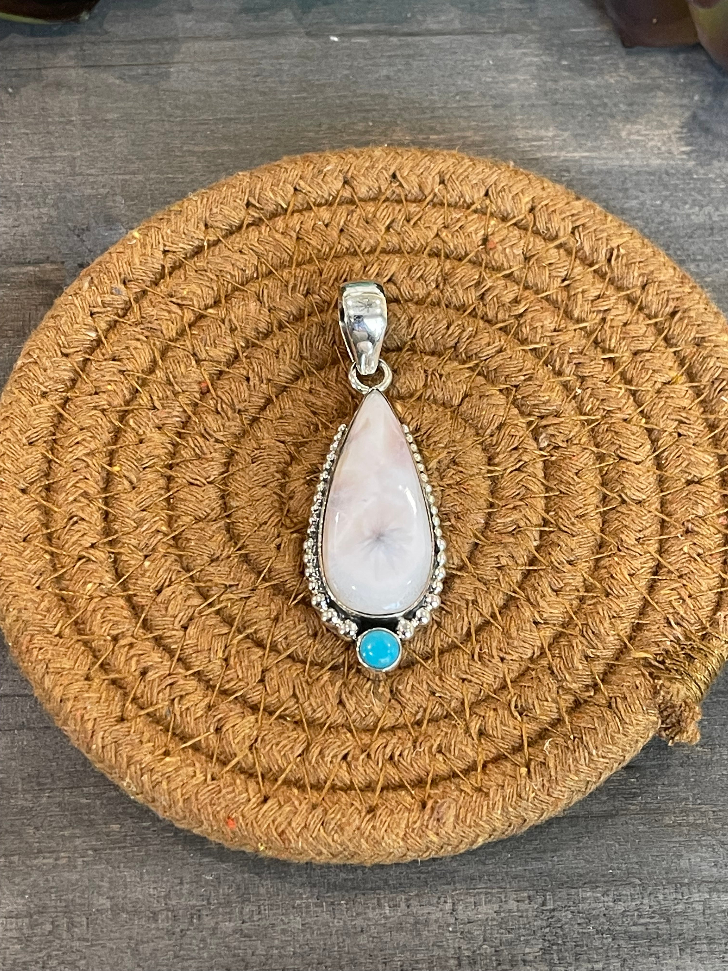 Southwest Handmade Pink Larimar And Kingman Turquoise & Sterling Silver Pendant