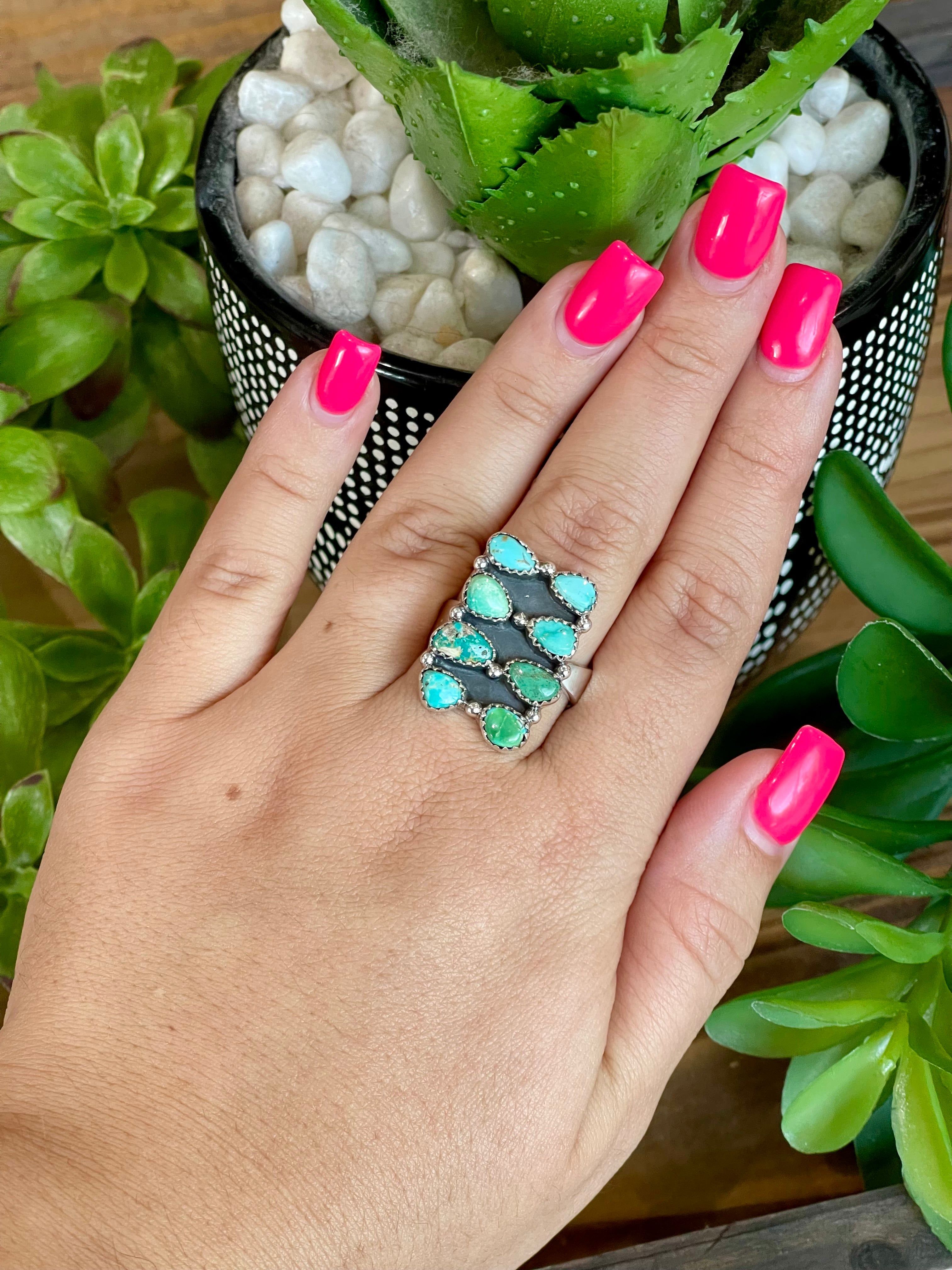 Southwest Handmade Sonoran Mountain Turquoise & Sterling Silver Cluster Adjustable Ring