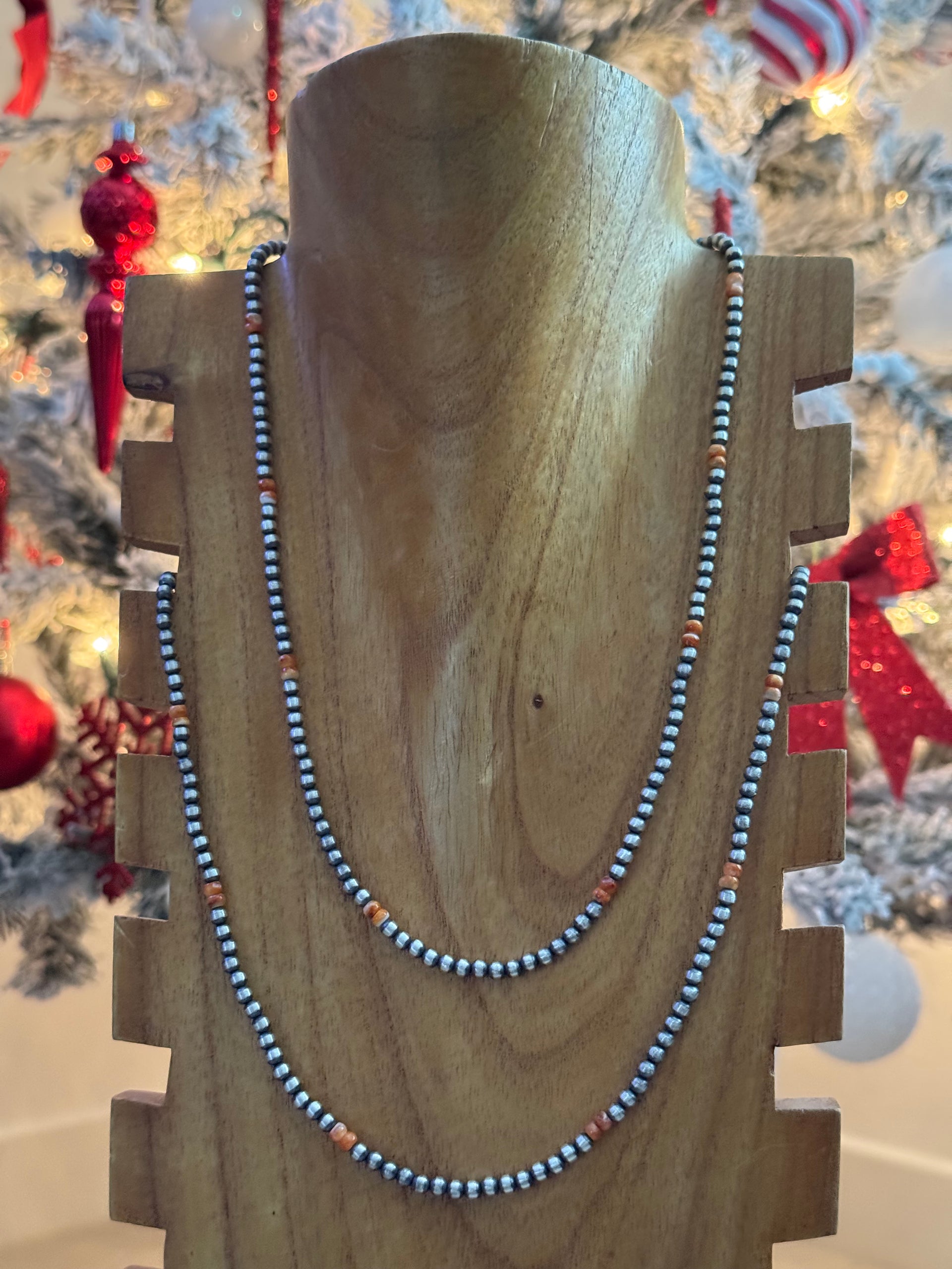 Navajo Strung Red/Orange Spiny Oyster & Sterling Silver Pearl Necklace