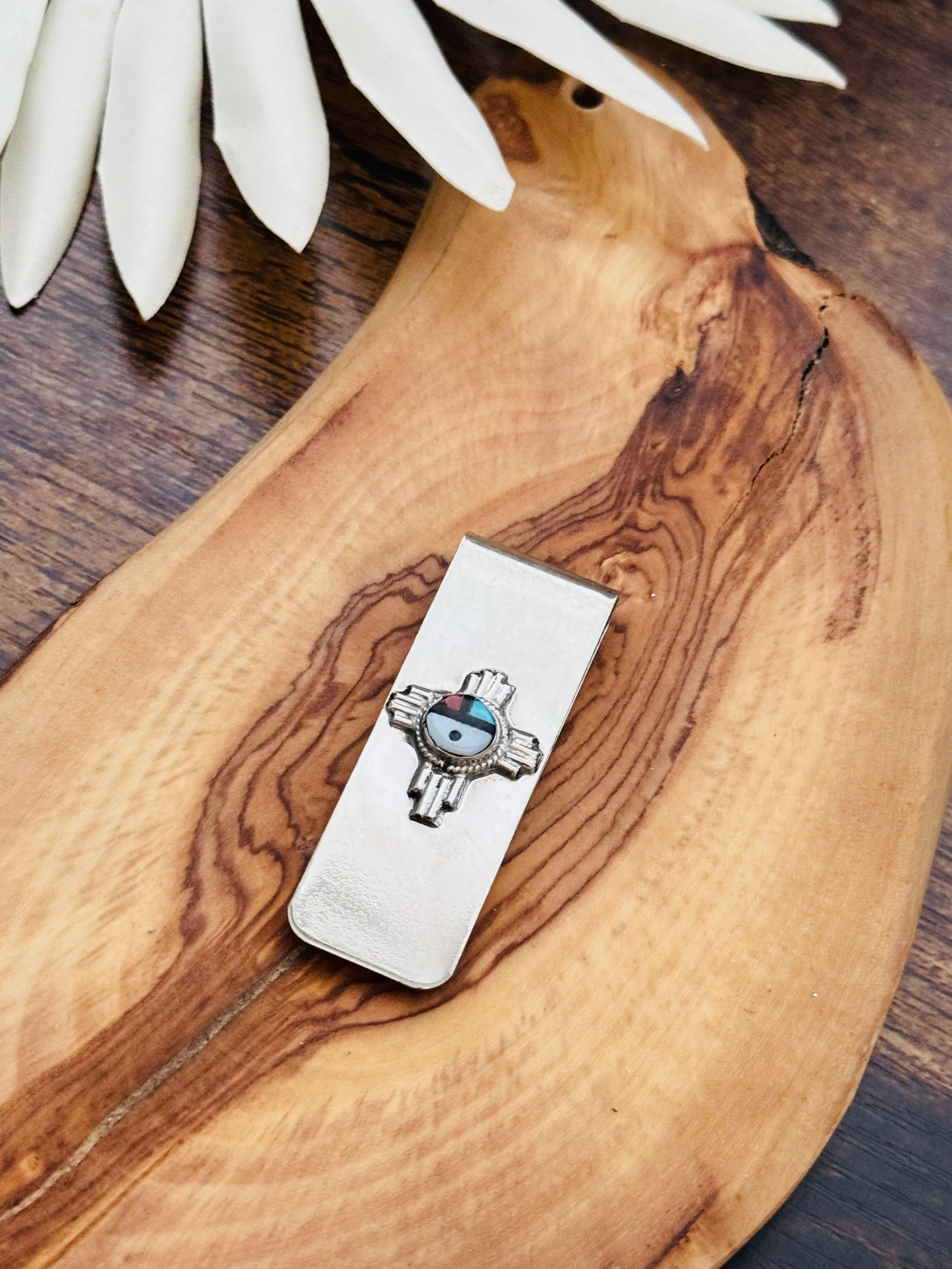 Zuni Made Multi Stone & Sterling Silver Inlay Money Clip