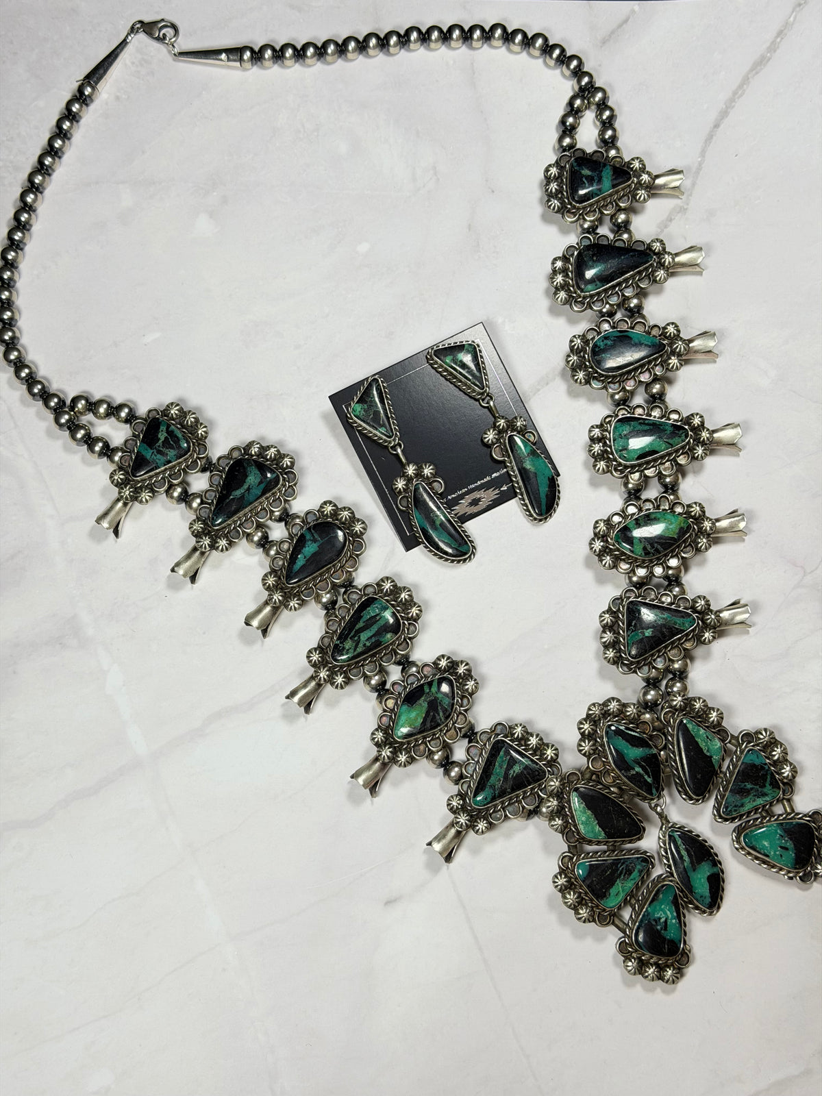 Augustine Largo Black Jack Turquoise & Sterling Silver Squash Blossom Necklace Set