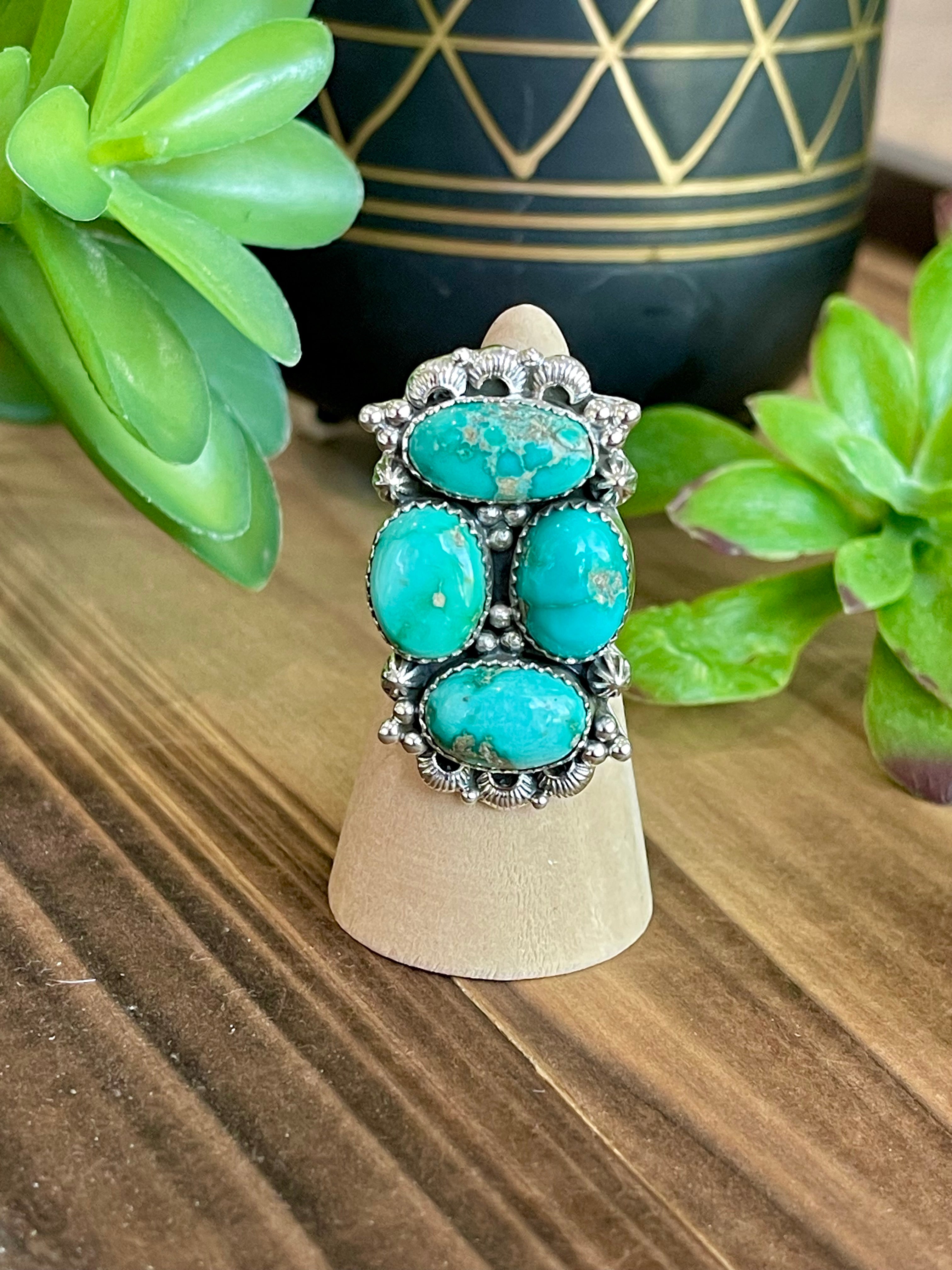 Southwest Handmade Emerald Valley Turquoise & Sterling Silver Adjustable Cluster Ring