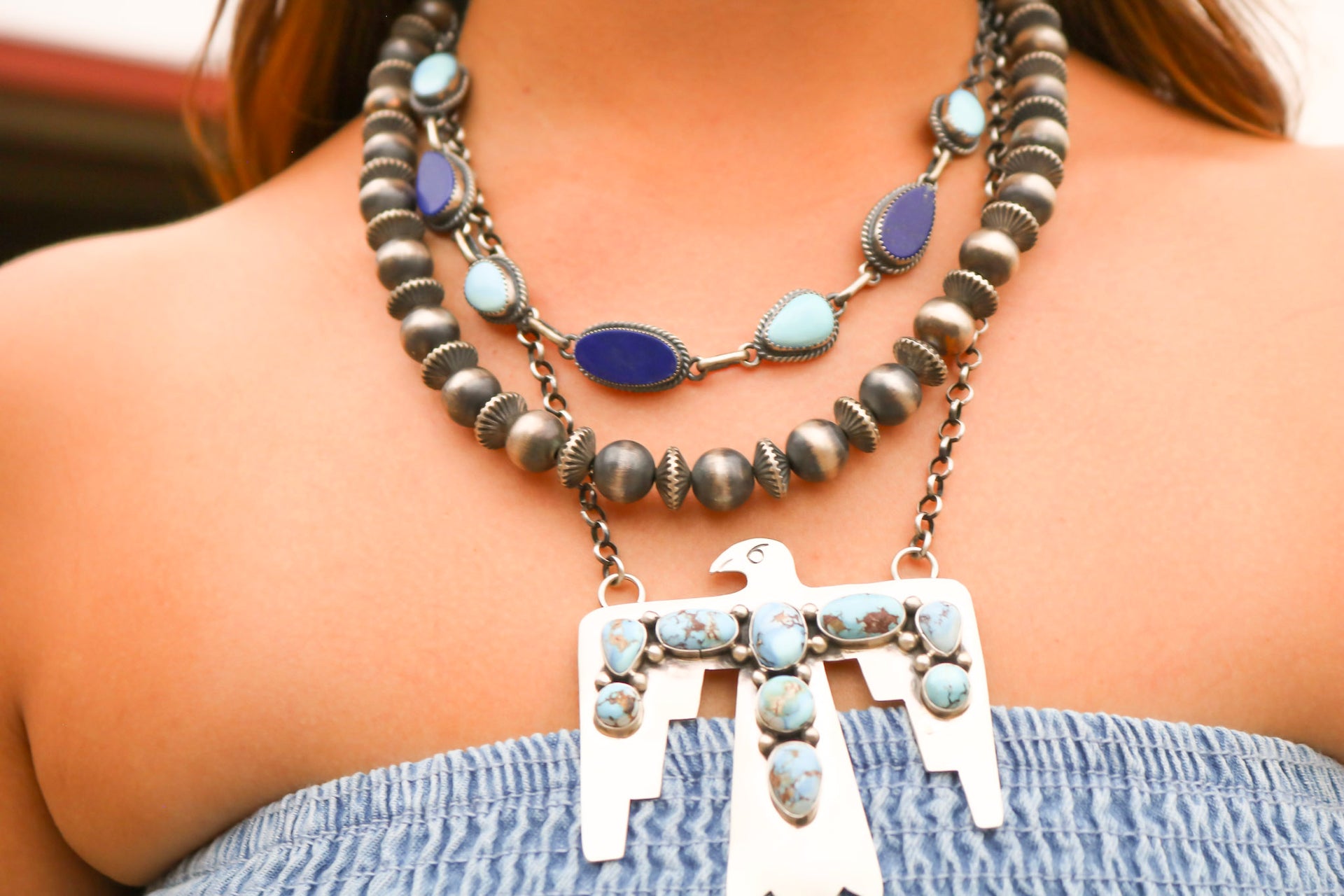 Russell Sam Golden Hills Turquoise & Sterling Silver Cluster Thunderbird Necklace