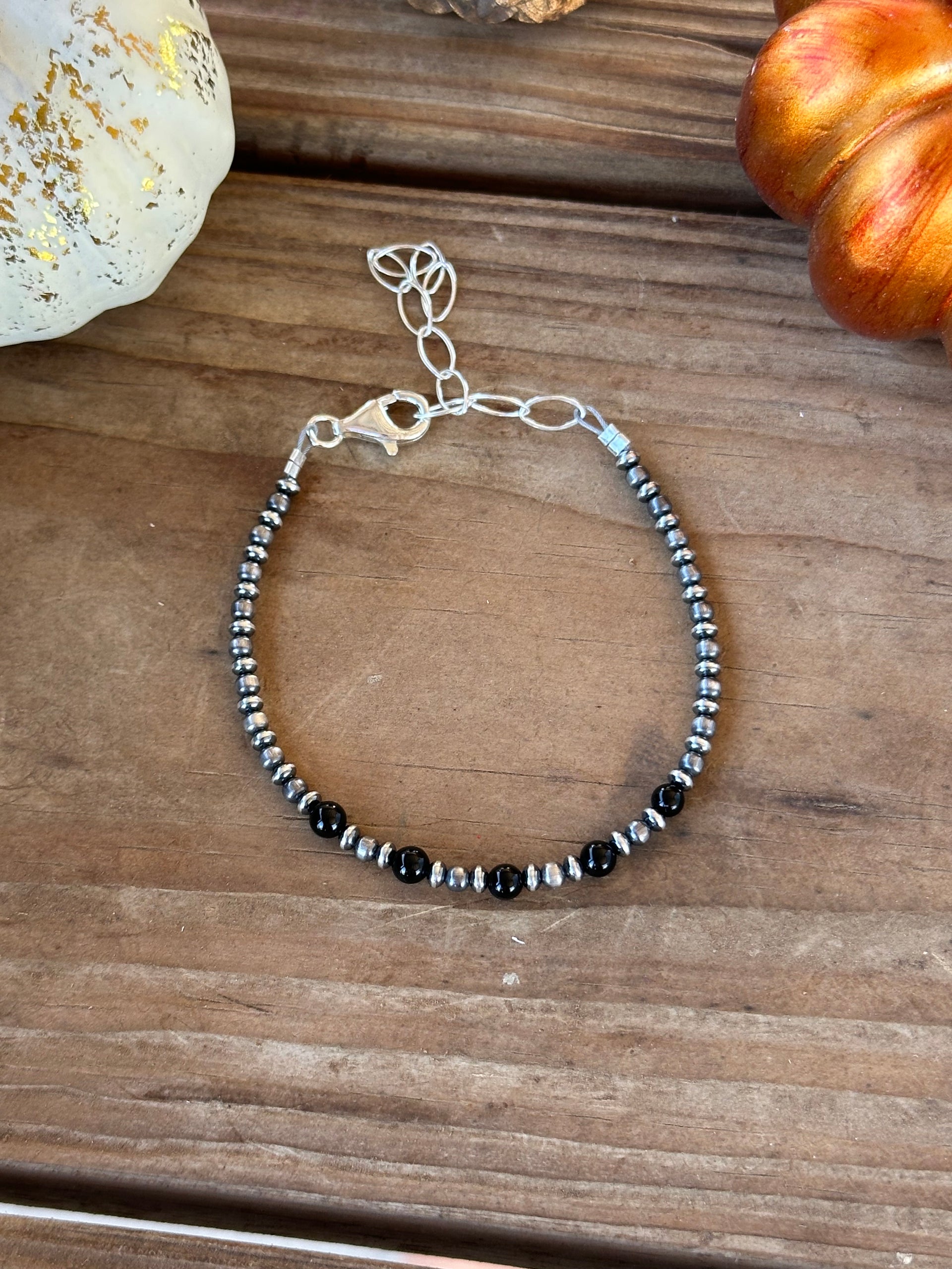 Navajo Strung Onyx & Sterling Silver Pearl Beaded Bracelet