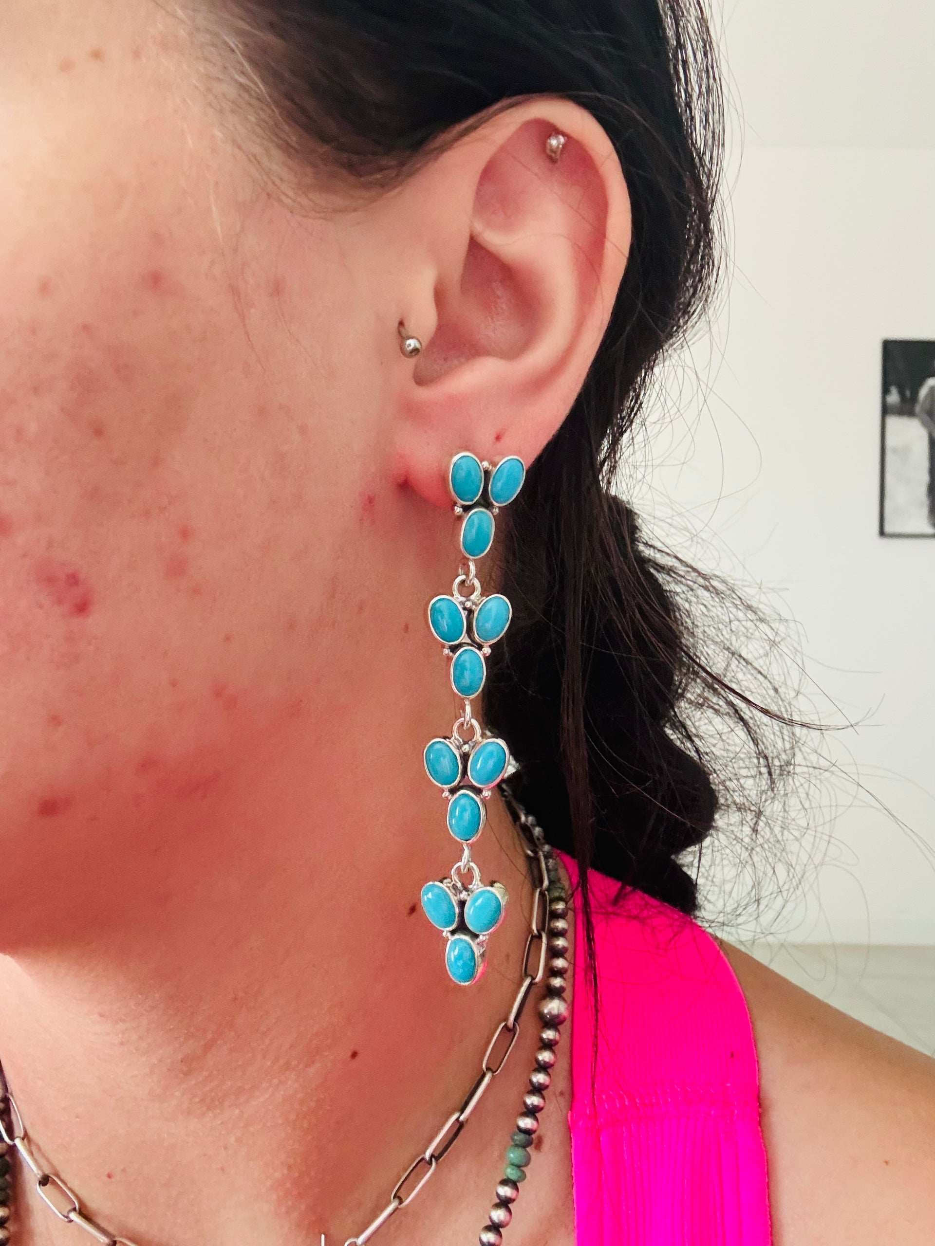 Southwest Made Kingman Turquoise & Sterling Silver Post Dangle Cluster Earrings