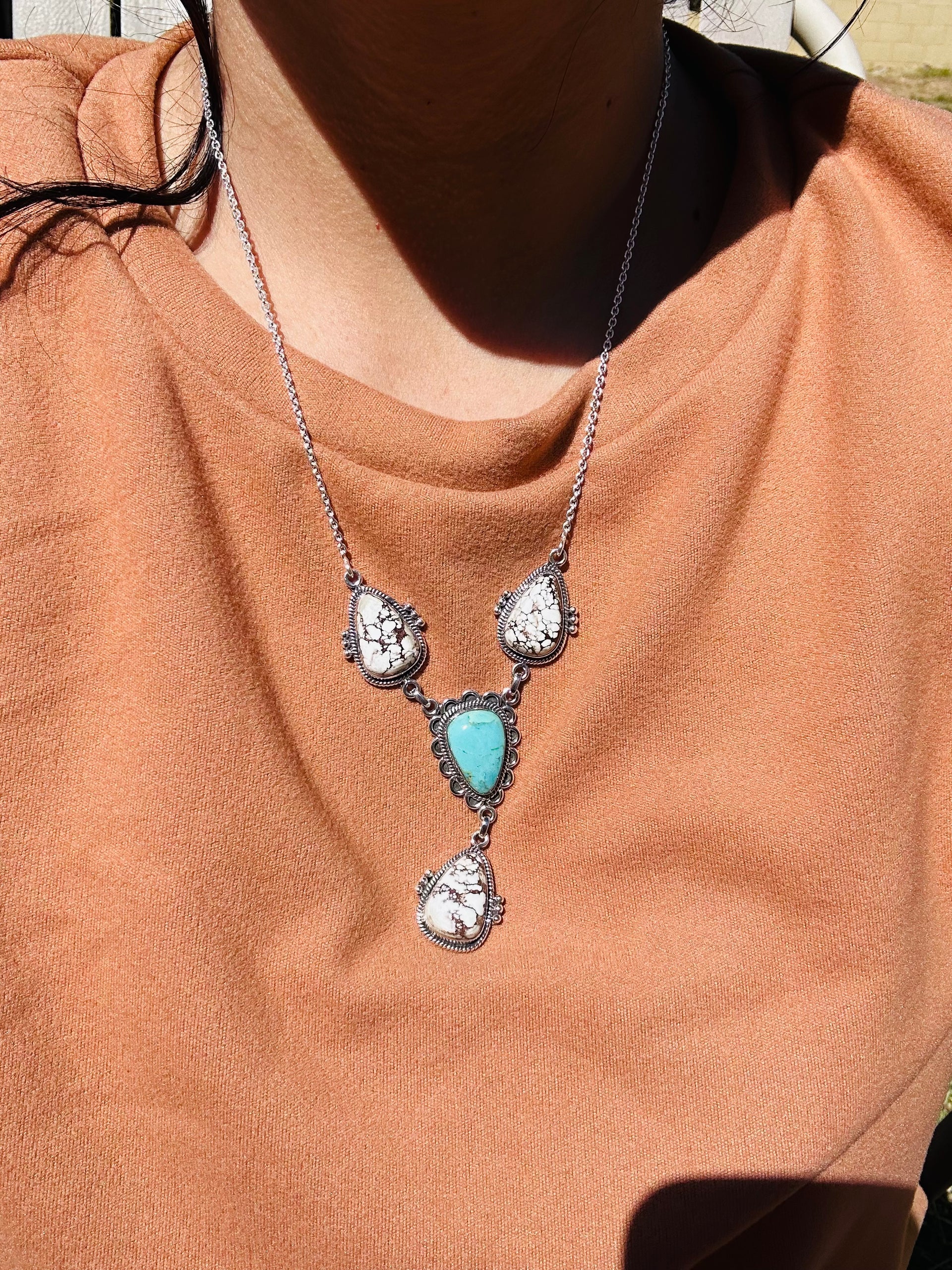Southwest Handmade Multi Stone & Sterling Silver Lariat Necklace