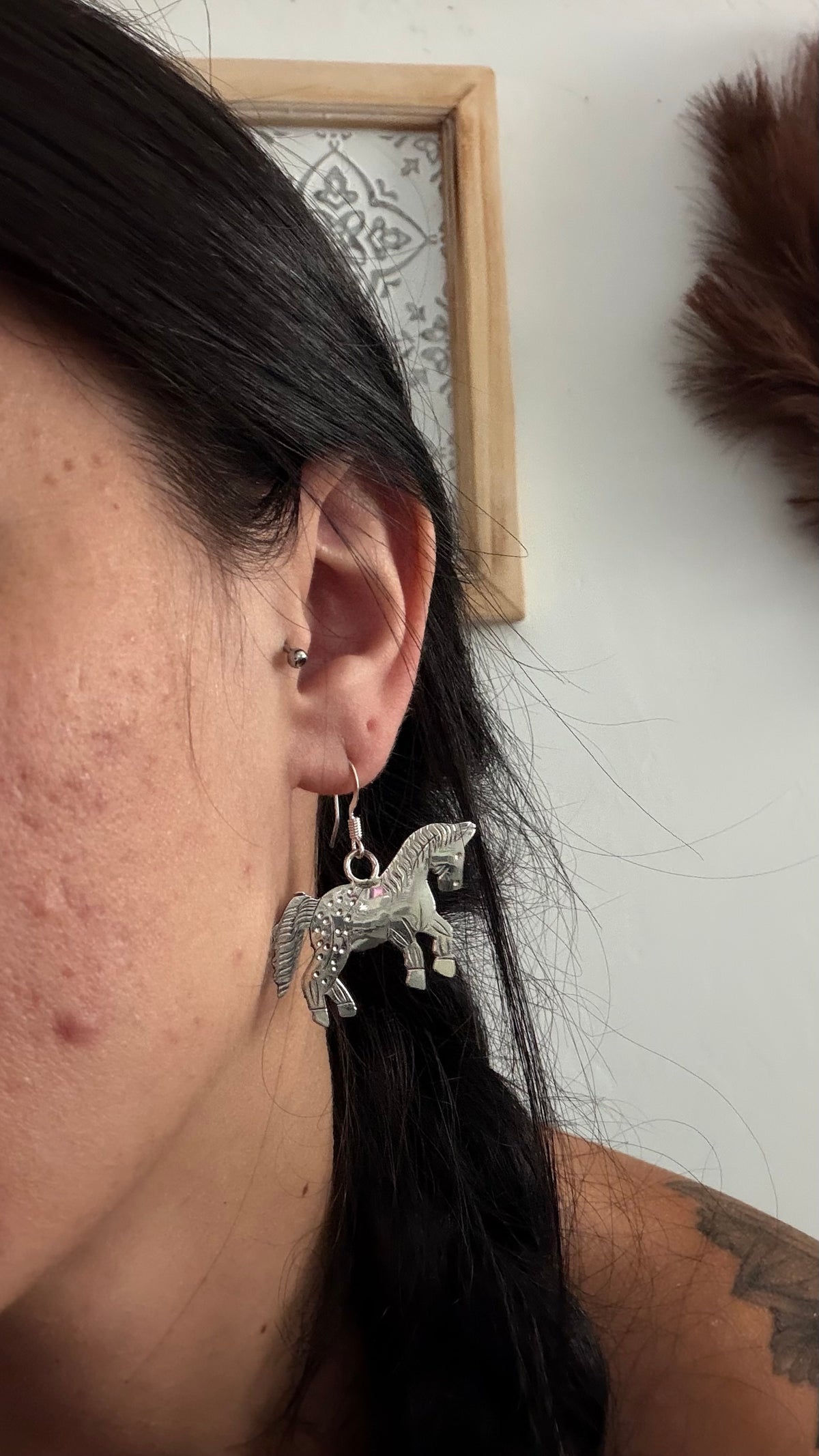 Navajo Made Sterling Silver Dangle Horse Earrings
