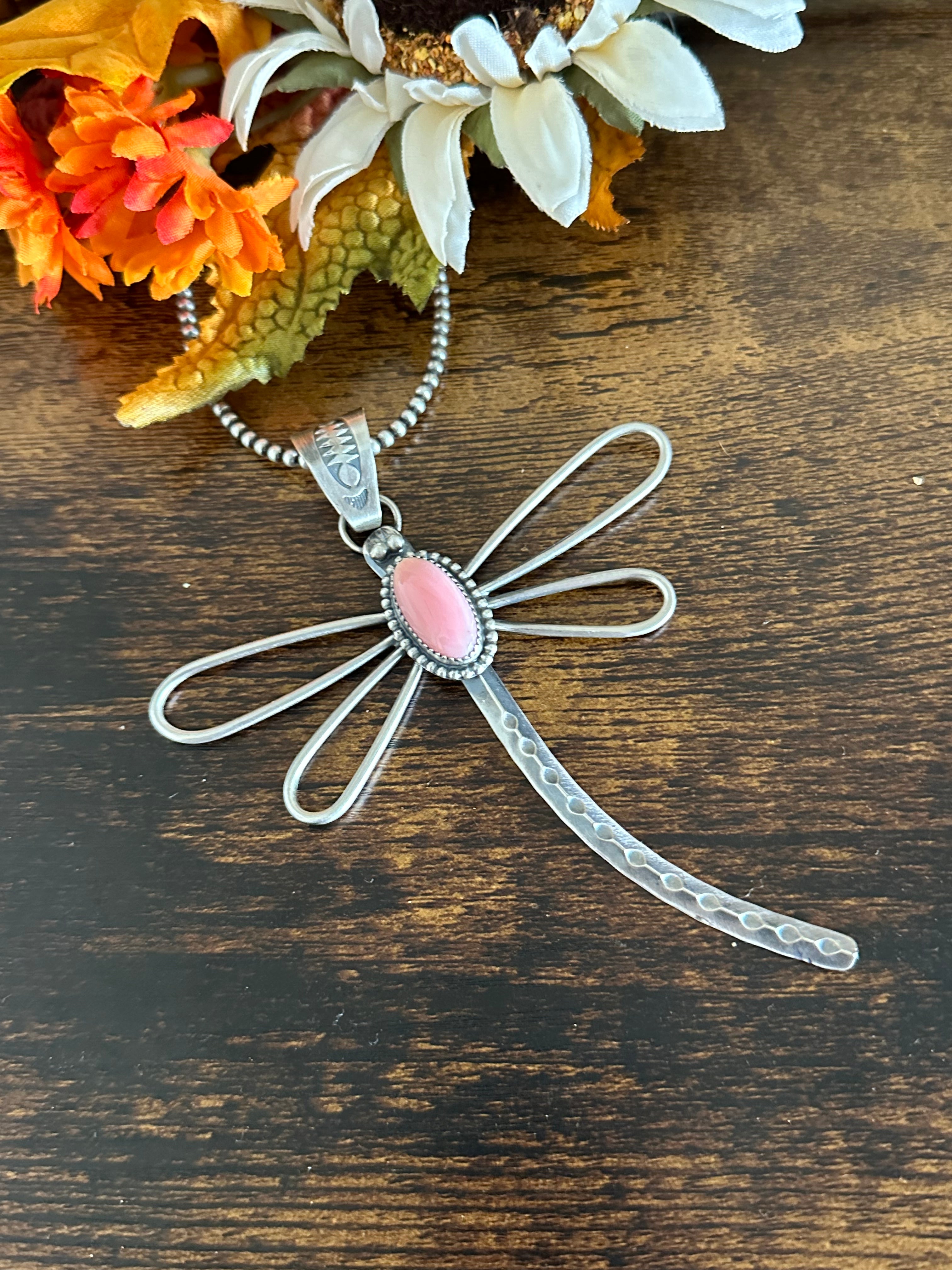 Delbert Secatero Pink Conch & Sterling Silver Dragonfly Pendant