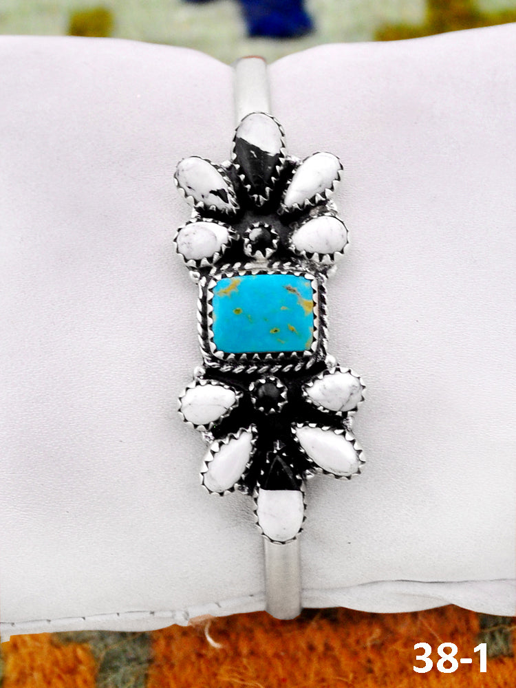 Southwest Handmade White Buffalo with Santa Maria Turquoise  & Sterling Silver Cuff Bracelet