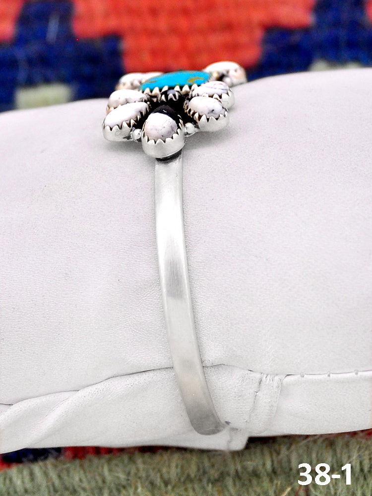 Southwest Handmade White Buffalo with Santa Maria Turquoise  & Sterling Silver Cuff Bracelet