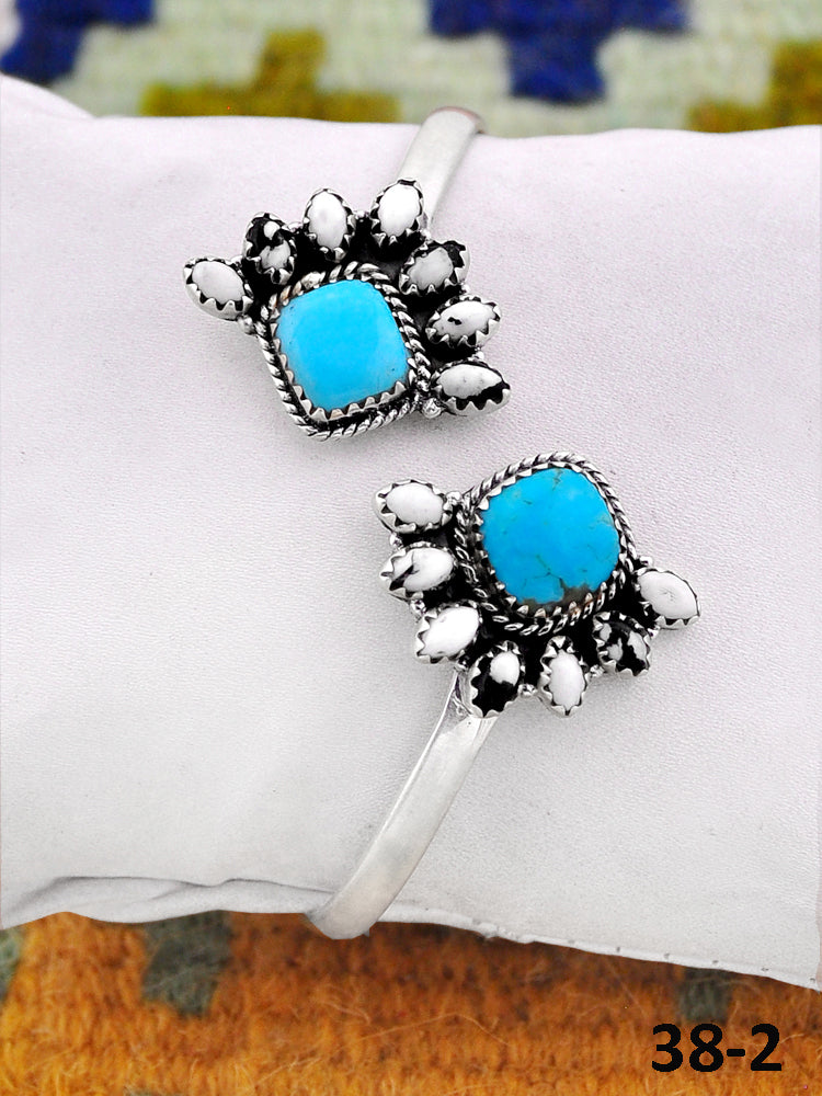 Southwest Handmade White Buffalo with Santa Maria Turquoise  & Sterling Silver Cuff Bracelet