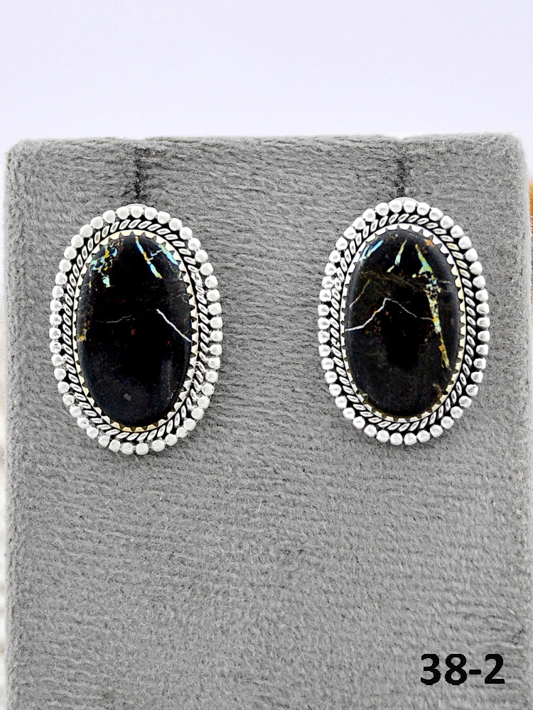 Southwest Made Black Jack Turquoise & Sterling Silver Post Earrings