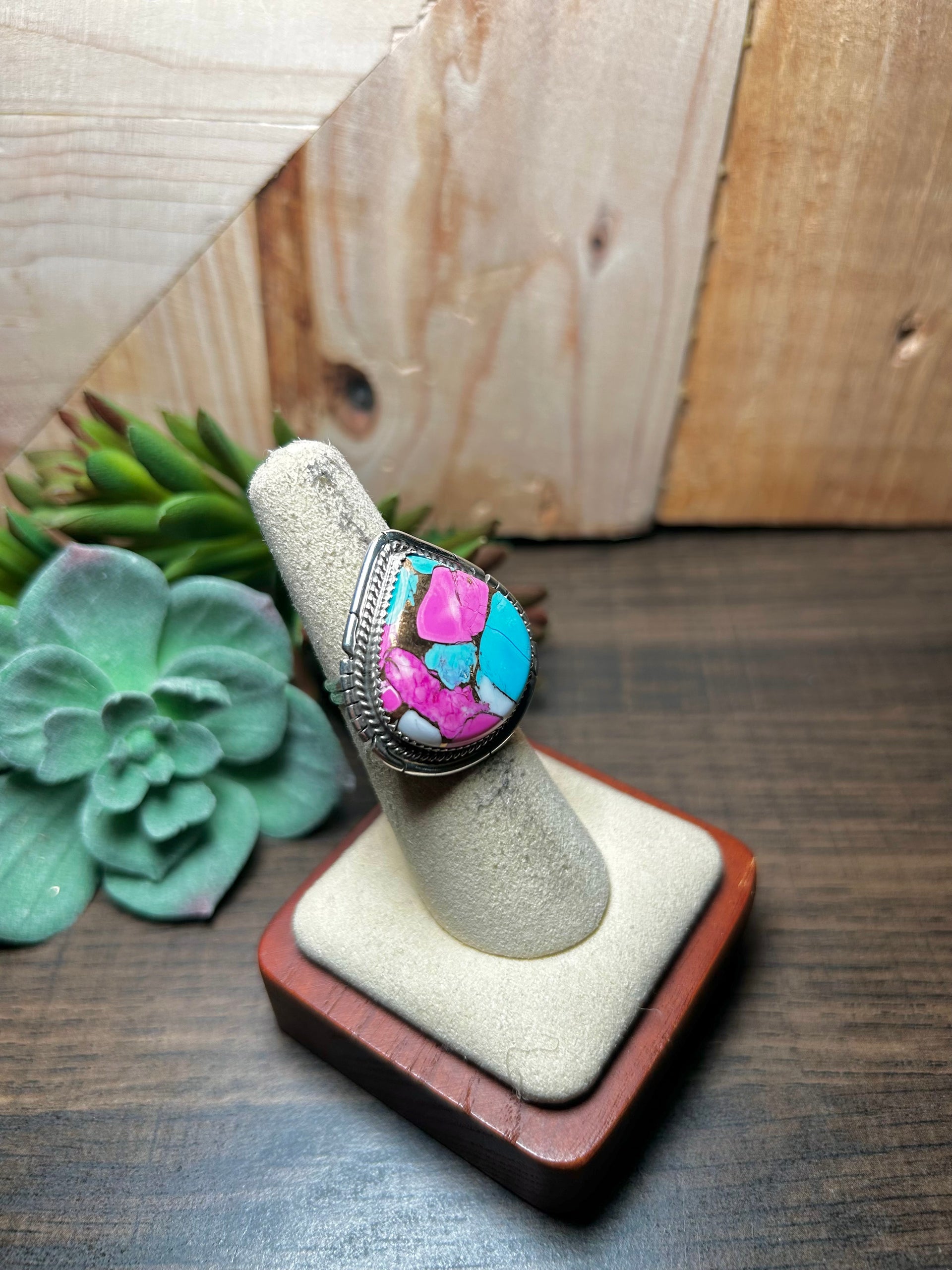 Dane Skeets Cotton Candy Dahlia & Sterling Silver Ring Size 5.75