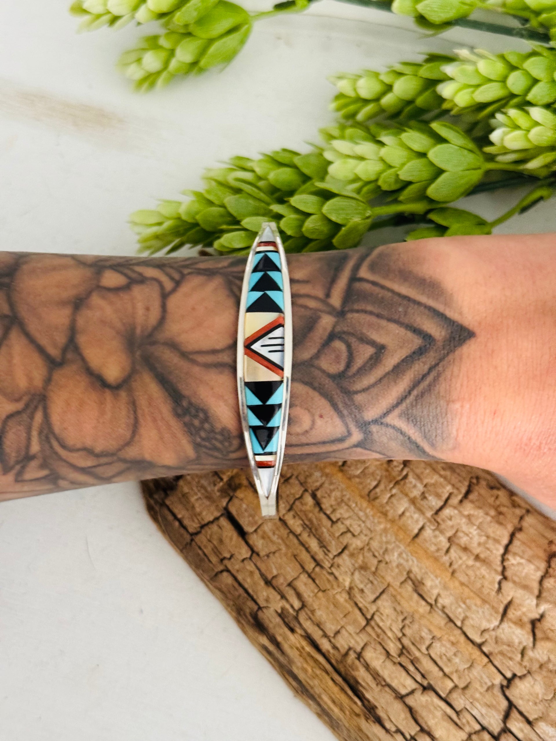 Lynette Booqua Multi Stone & Sterling Silver Inlay Cuff Bracelet