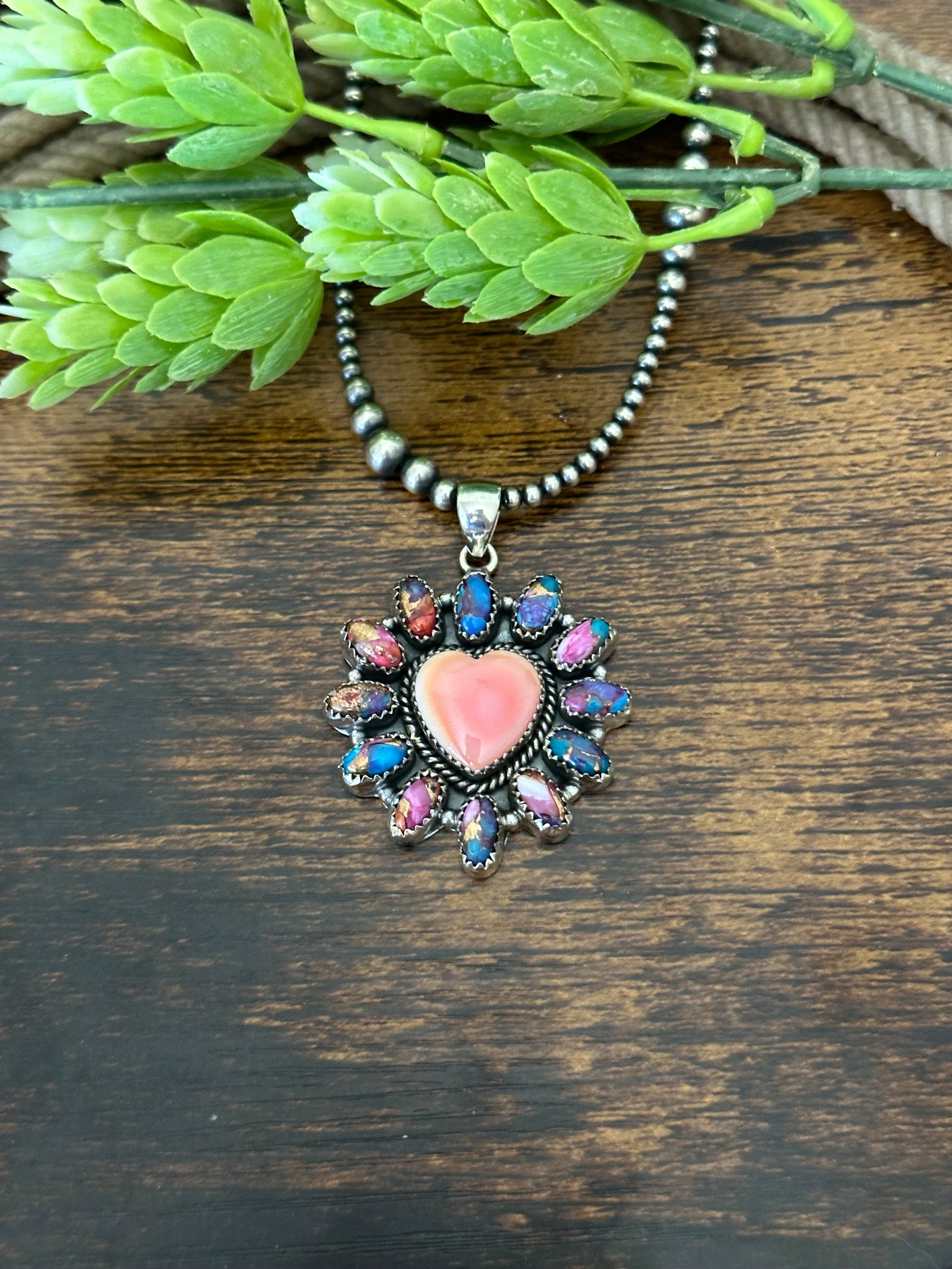 Southwest Handmade Multi Stone & Sterling Silver Cluster Heart Pendant