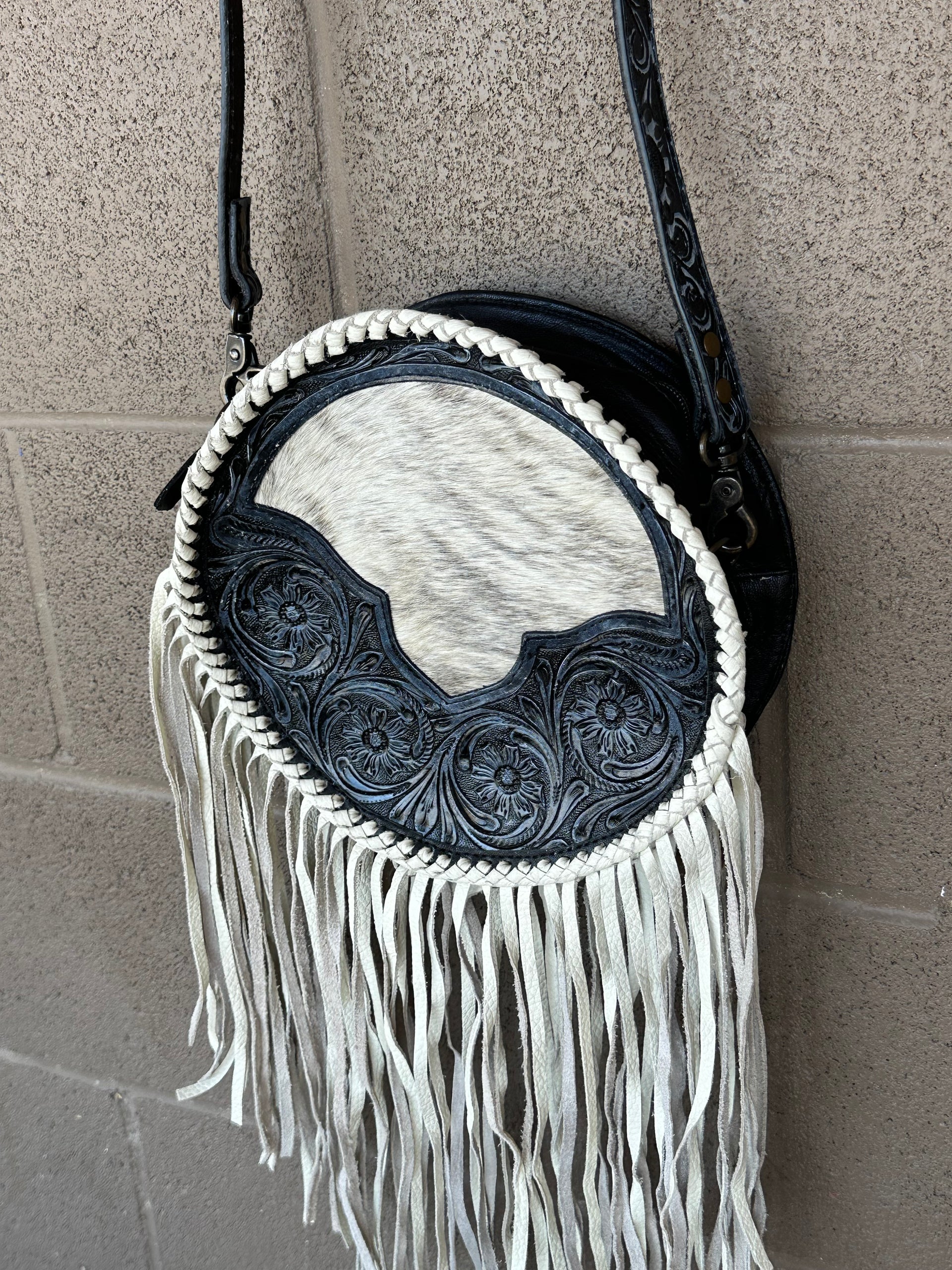 Genuine Tooled Leather & Cowhide Fringe Purse