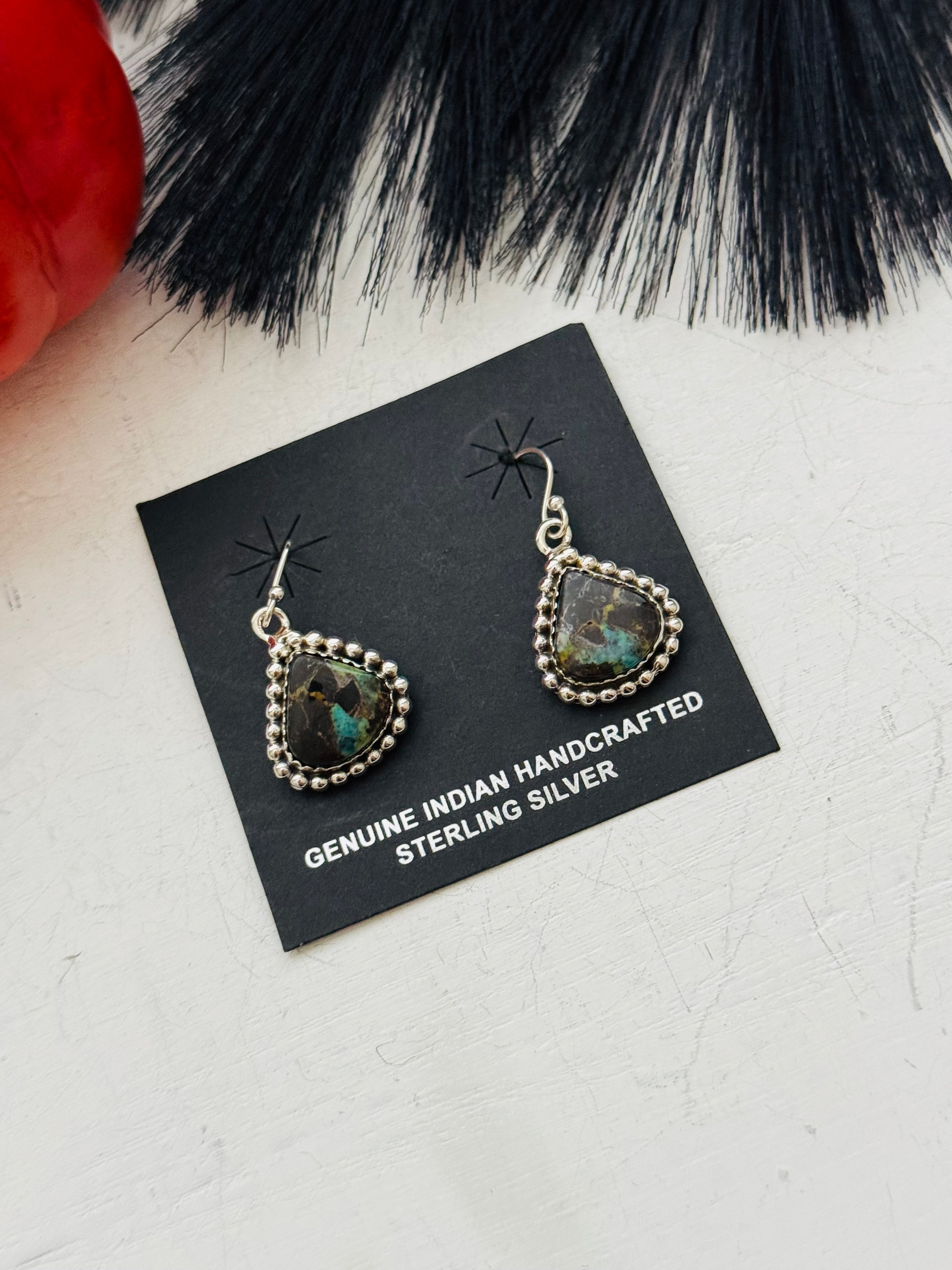 Southwest Handmade Black Jack Turquoise & Sterling Silver Dangle Earrings