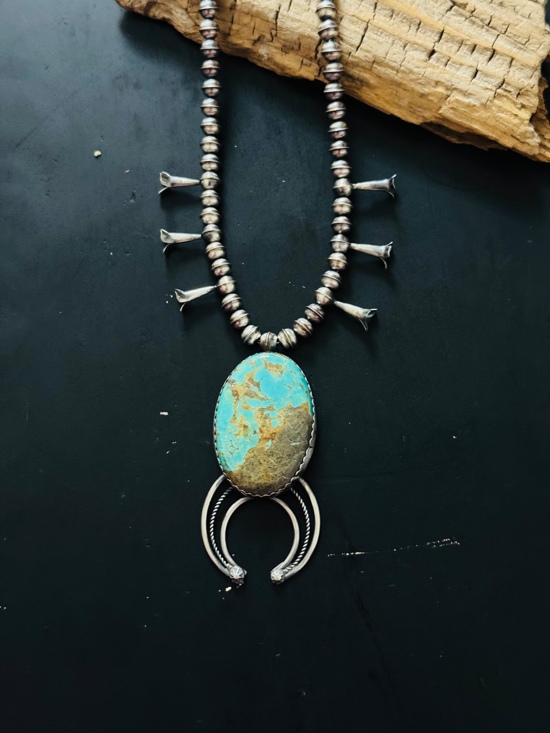 Navajo Made Pilot Mountain Turquoise & Sterling Silver Squash Blossom Necklace