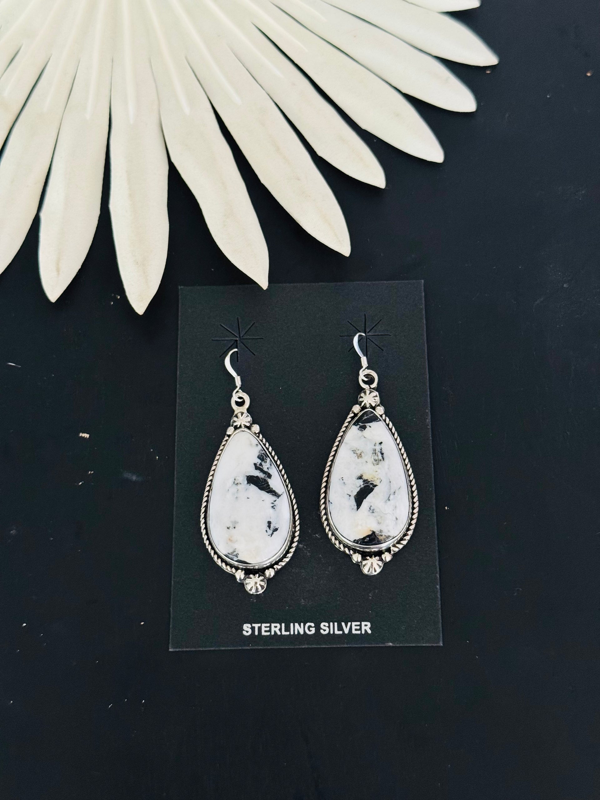 Navajo Made White Buffalo & Sterling Silver Dangle Earrings