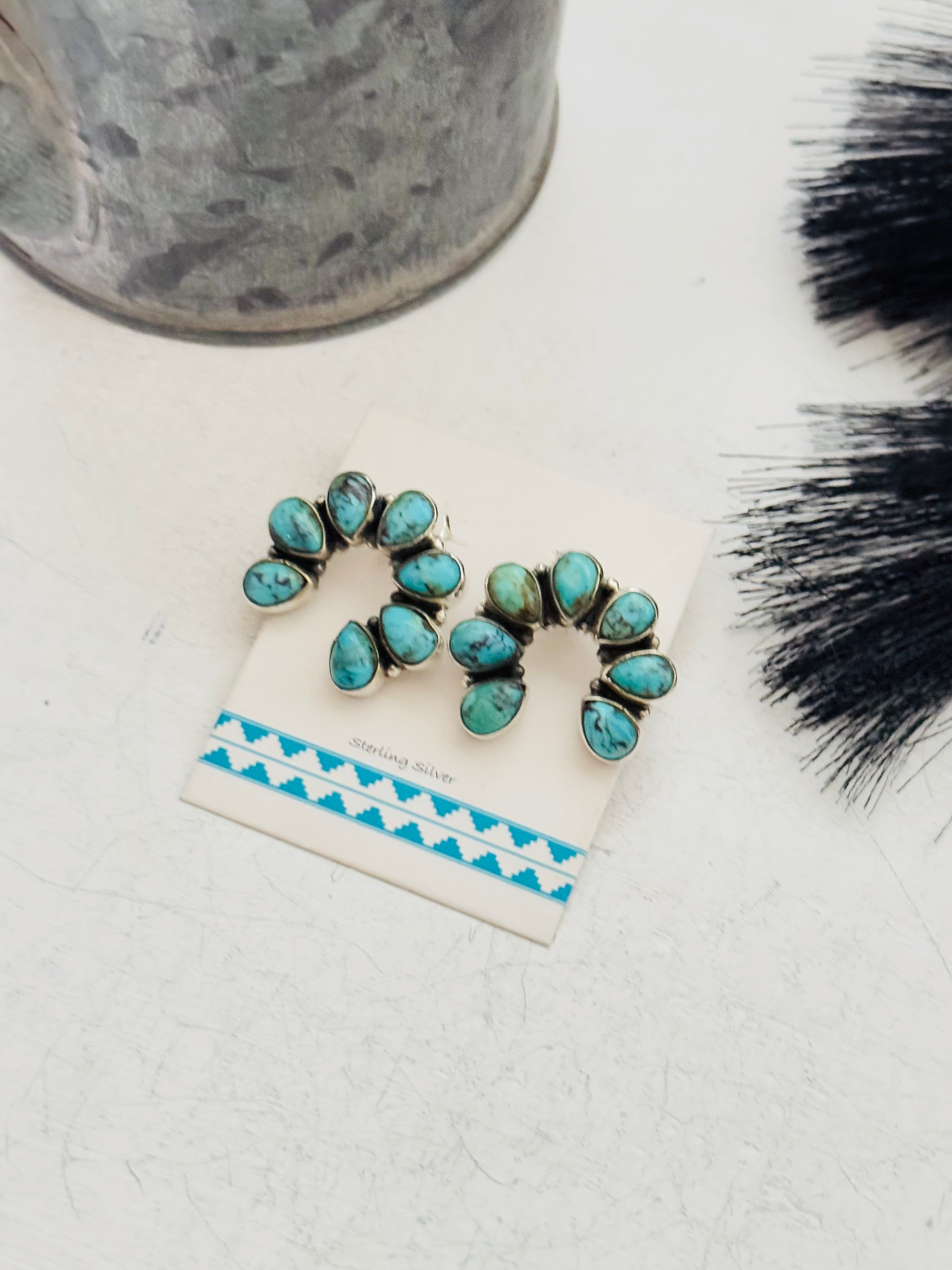 Southwest Handmade Kingman Turquoise & Sterling Silver Post Naja Cluster Earrings