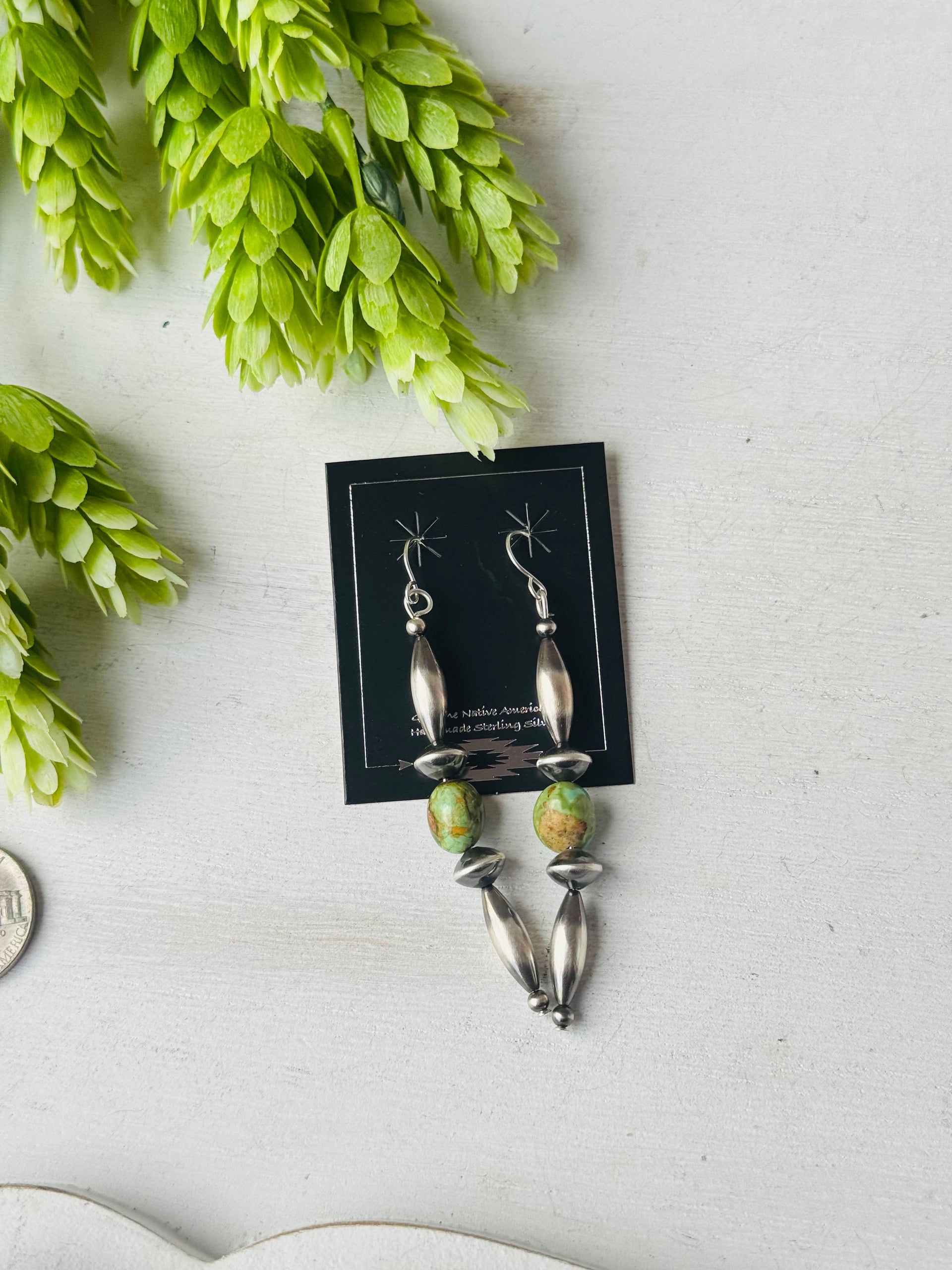 Navajo Strung Sonoran Mountaim Turquoise & Sterling Silver Pearls Dangle Earrings