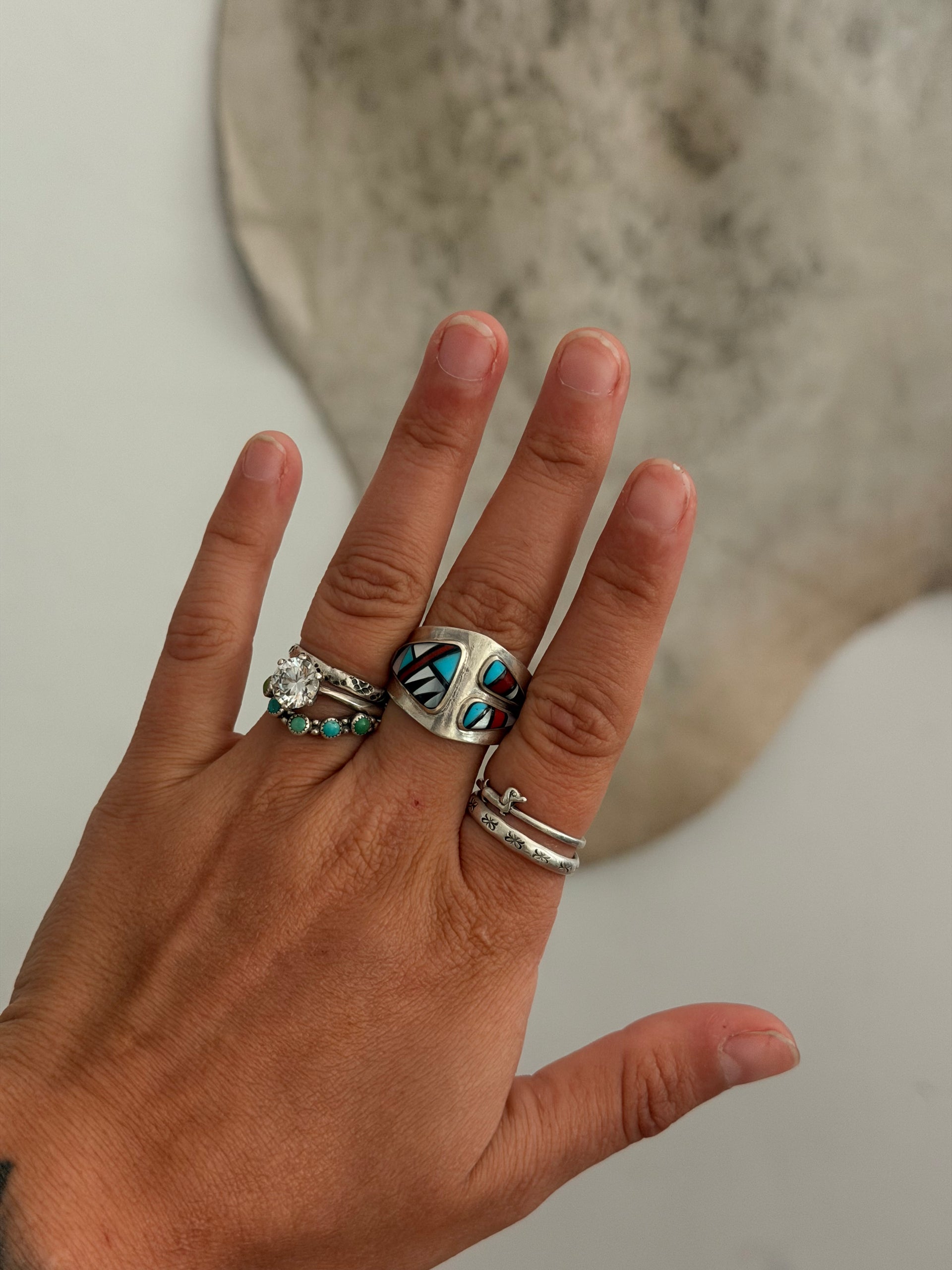 Navajo Made Multi Stone & Sterling Silver Inlay Ring Size 9.25