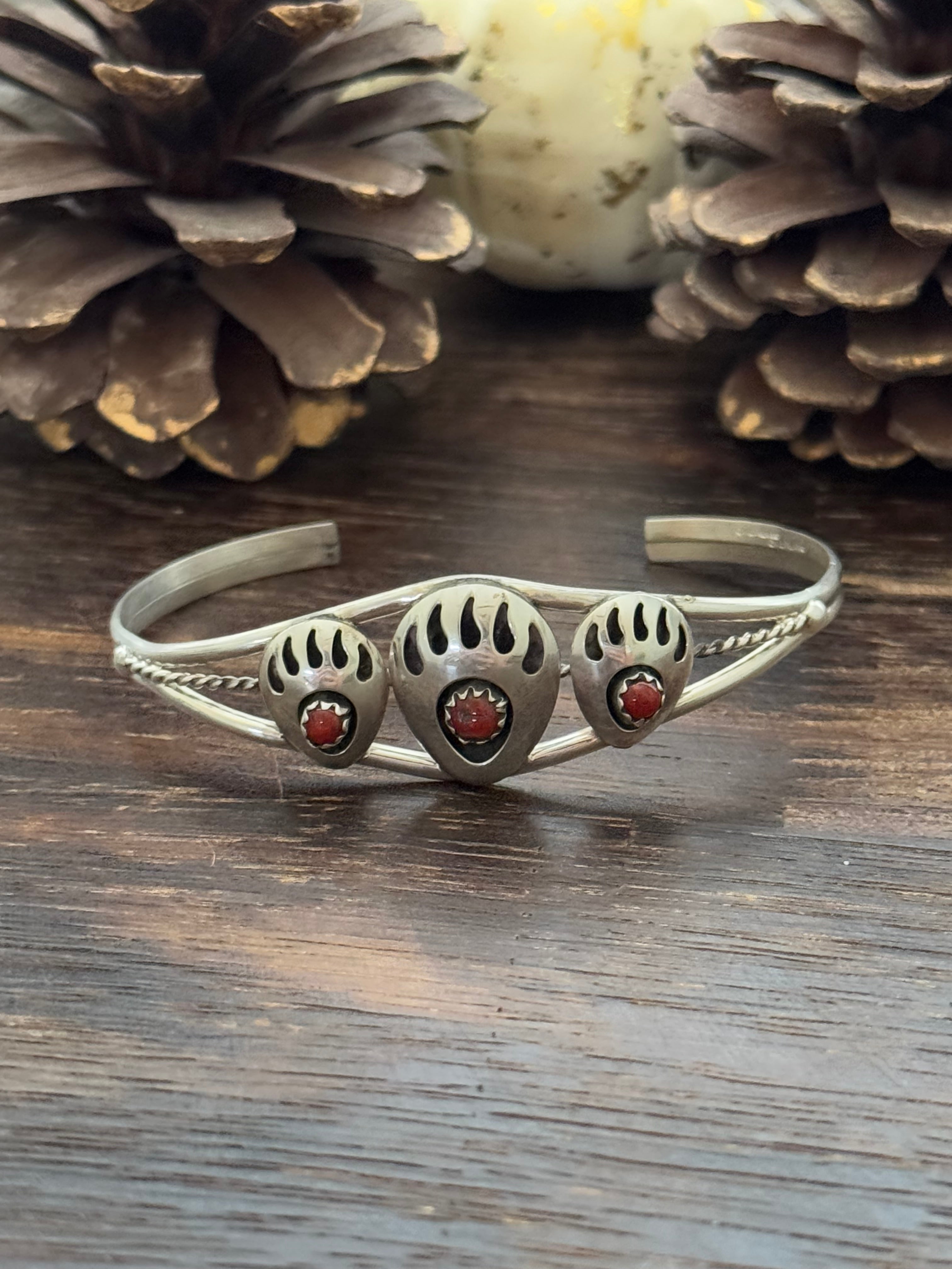 Navajo Made Red Coral & Sterling Silver Cuff Bracelet