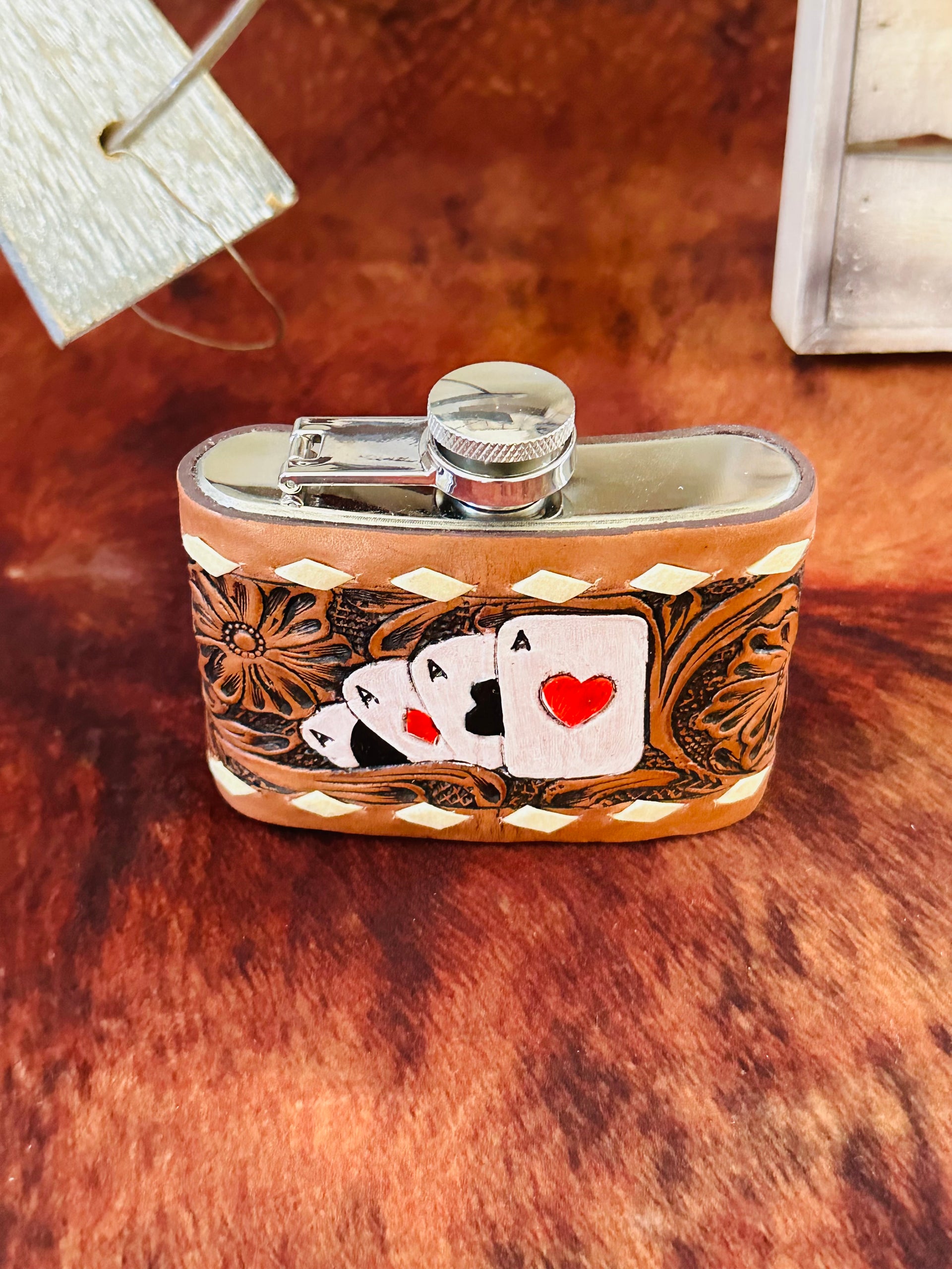 Genuine Tooled Leather 4 oz Flask