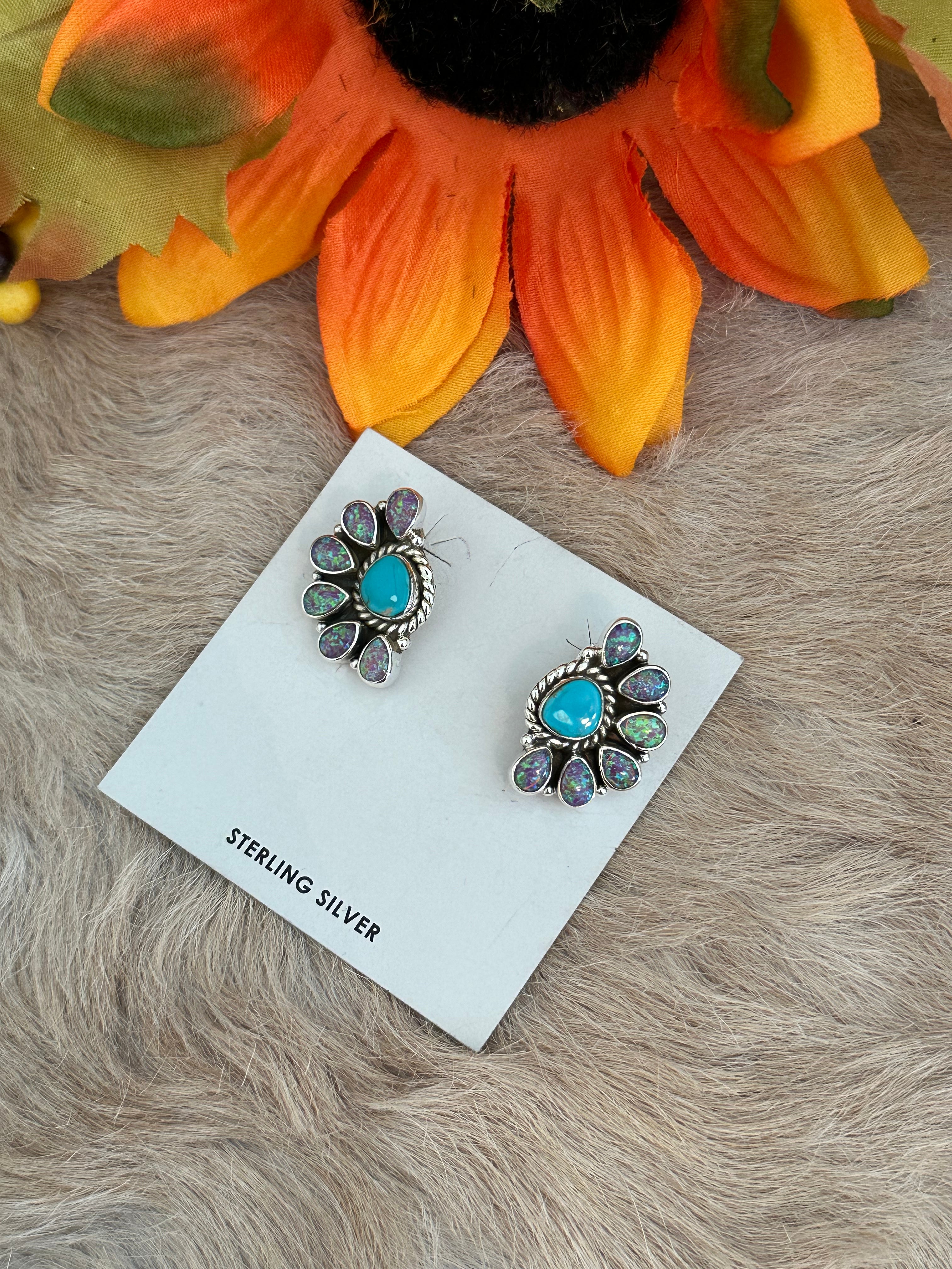 Southwest Handmade Multi Stone & Sterling Silver Post Earrings