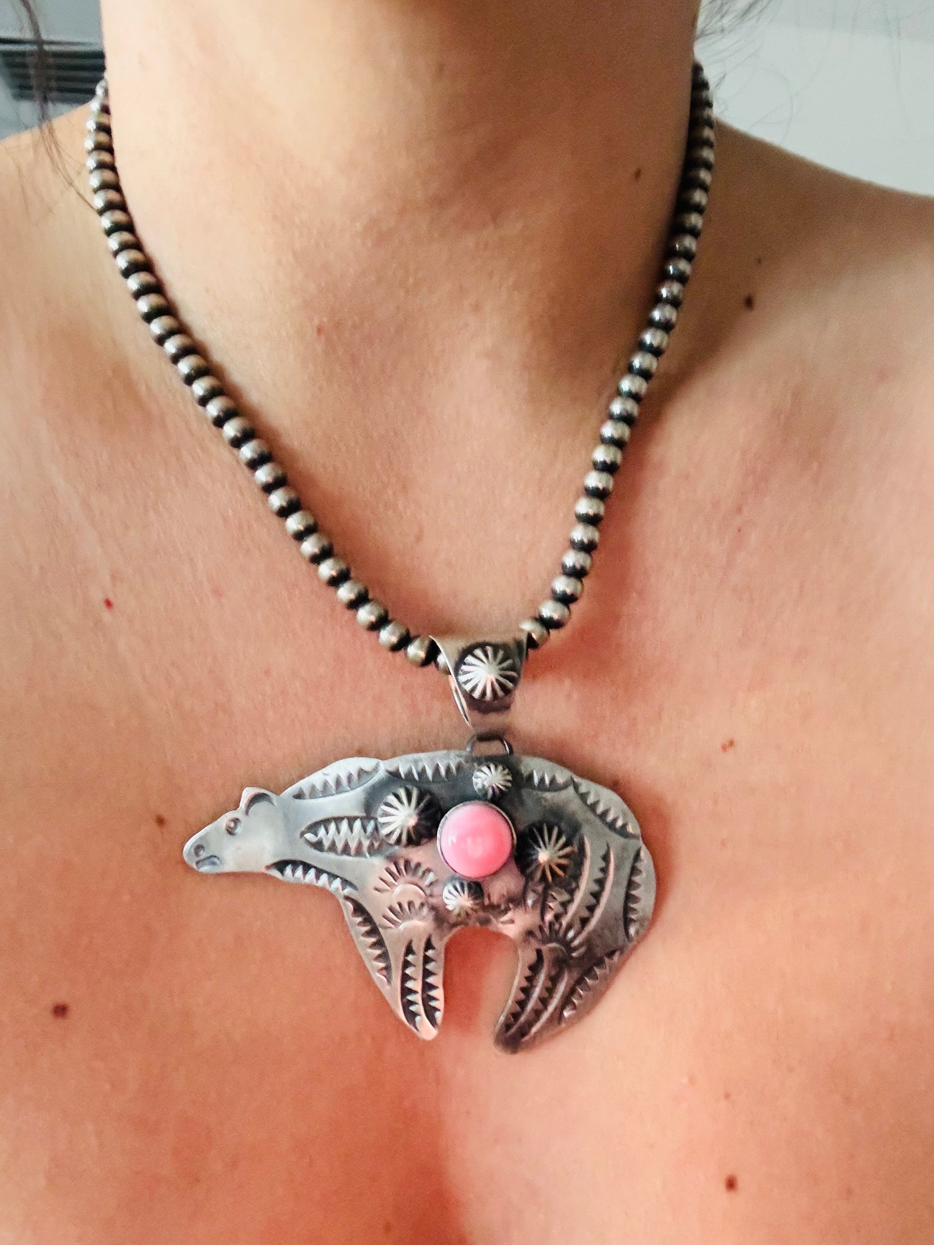 Chimney Butte Pink Conch & Sterling Silver Bear Pendant