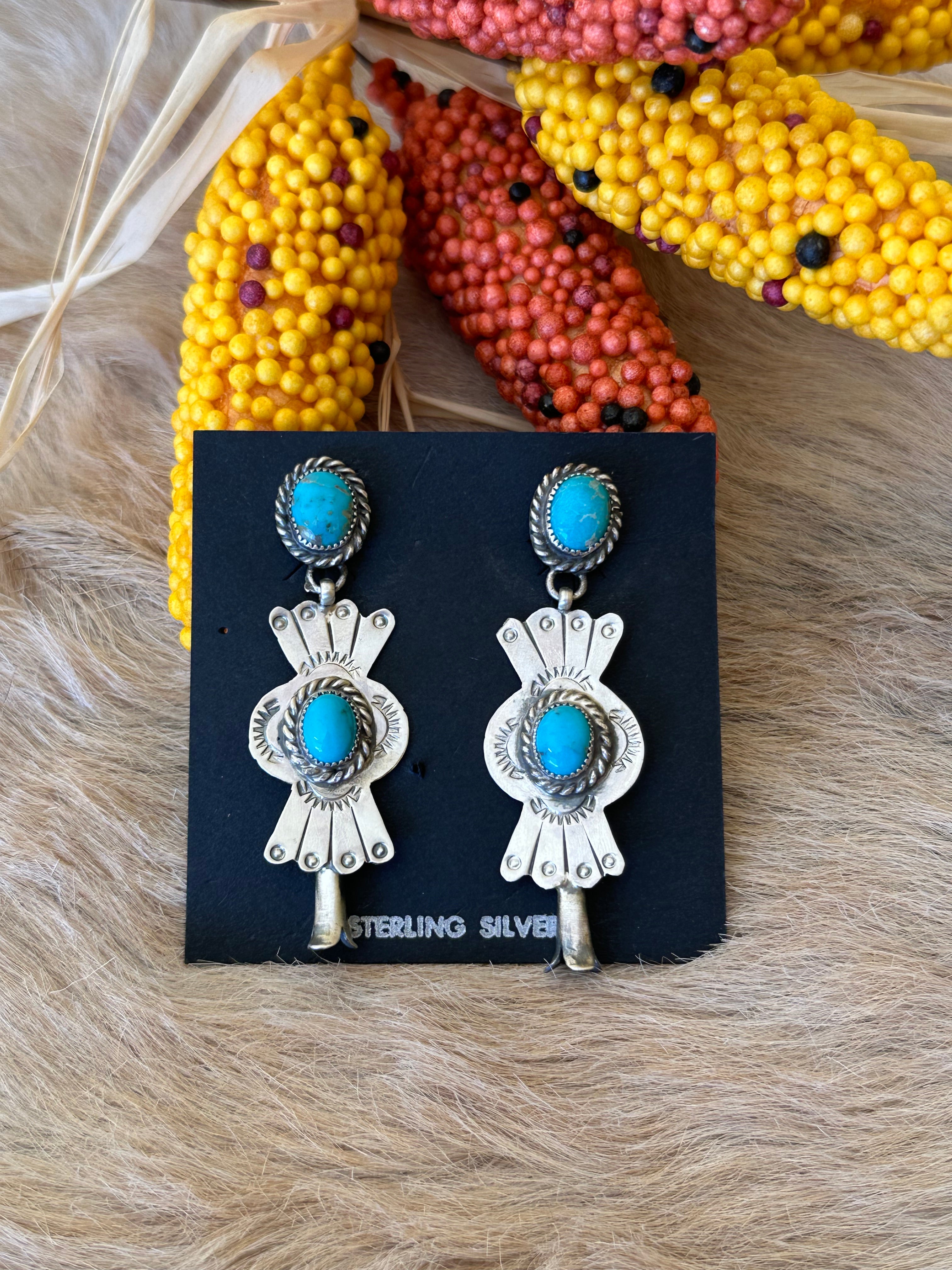 Navajo Made Kingman Turquoise & Sterling Silver Post Dangle Earrings