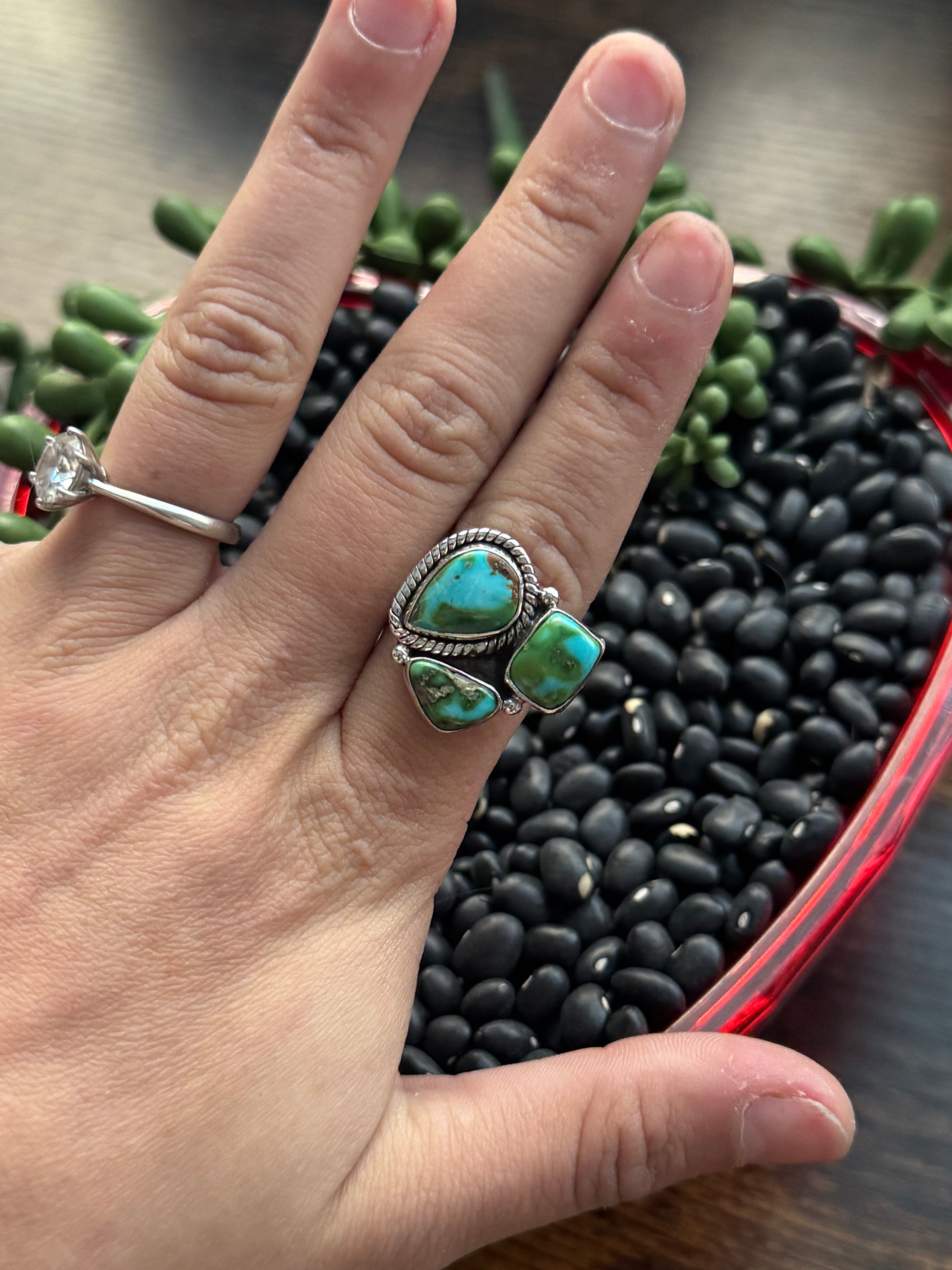 Southwest Handmade Sonoran Mountain Turquoise & Sterling Silver Adjustable Cluster Ring
