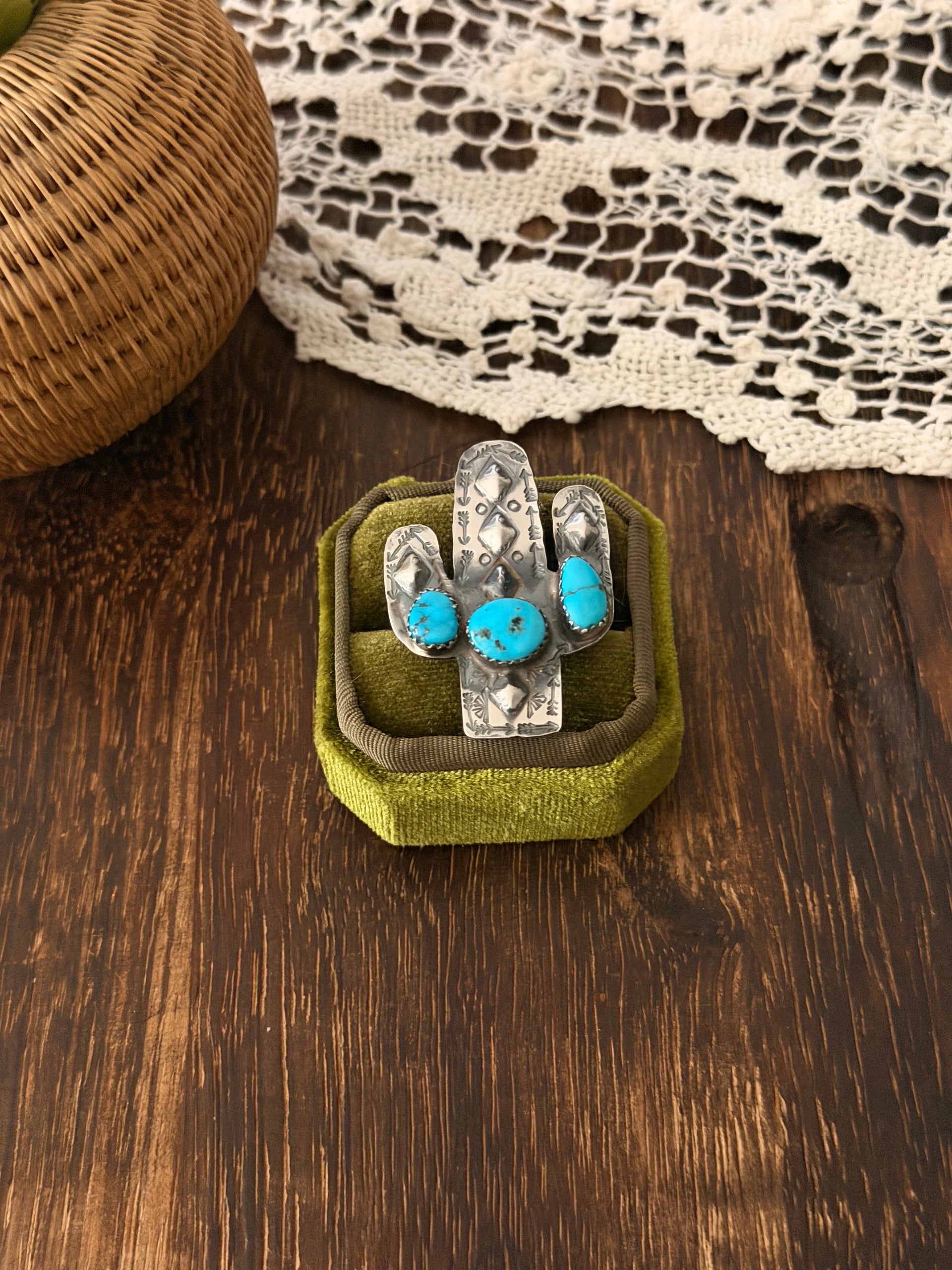 Tim Yazzie Kingman Turquoise & Sterling Silver Adjustable Saguaro Ring
