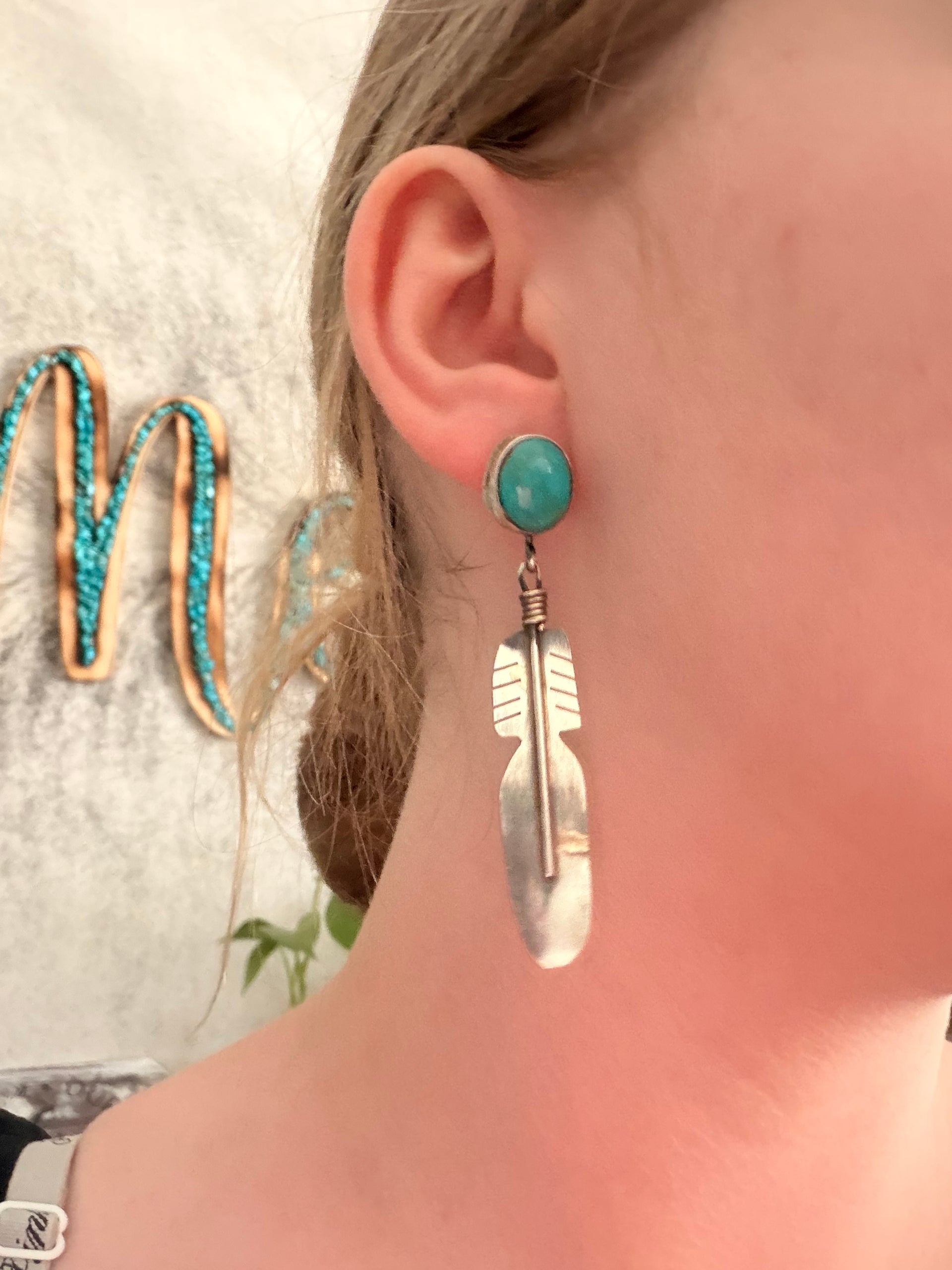 Kobe Martinez Kingman Turquoise & Sterling Silver Post Dangle Feather Earrings