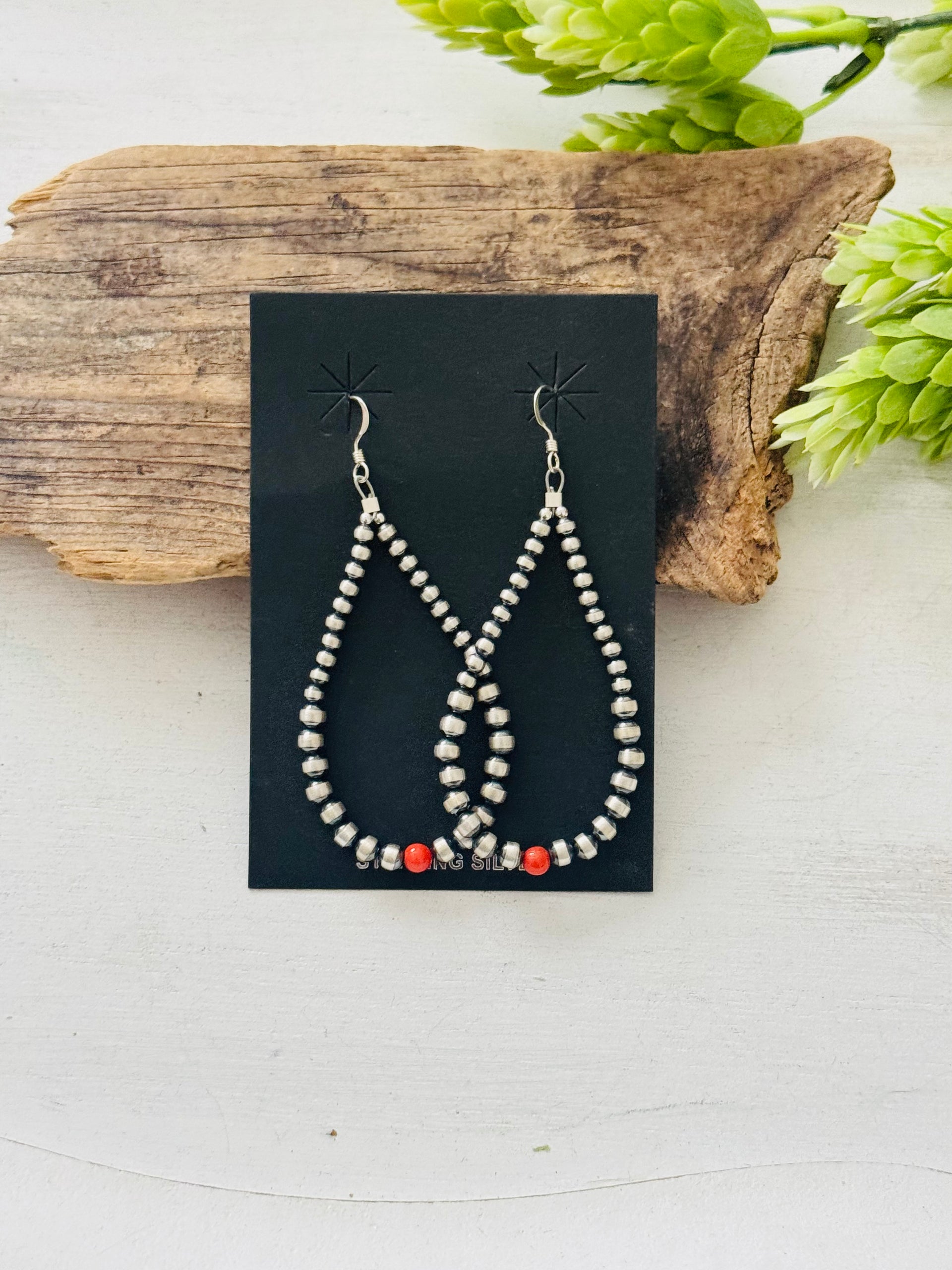 Navajo Made Red Coral & Strung Sterling Silver Dangle Hook Earrings