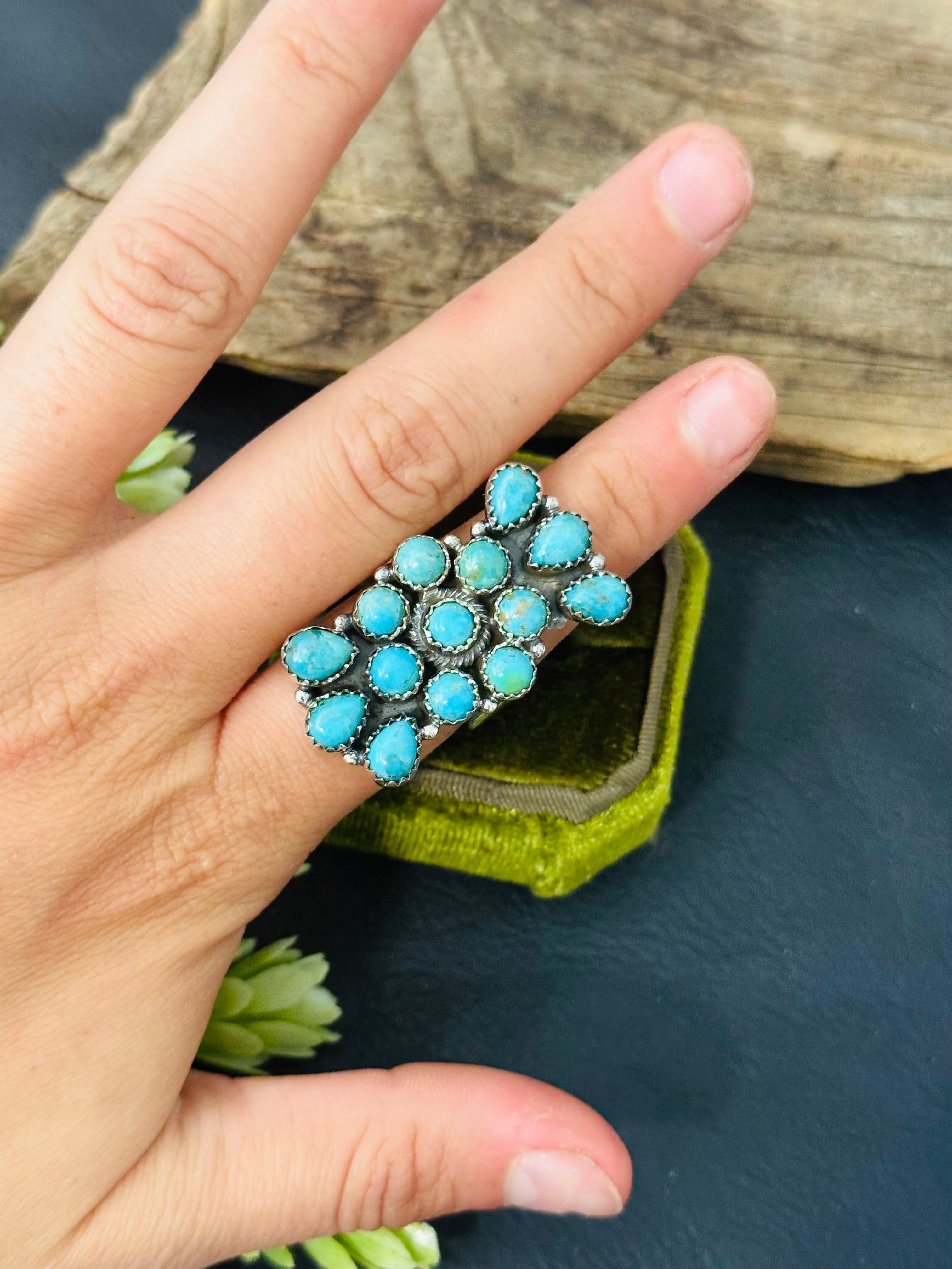 Southwest Handmade Kingman Turquoise & Sterling Silver Adjustable Cluster Ring