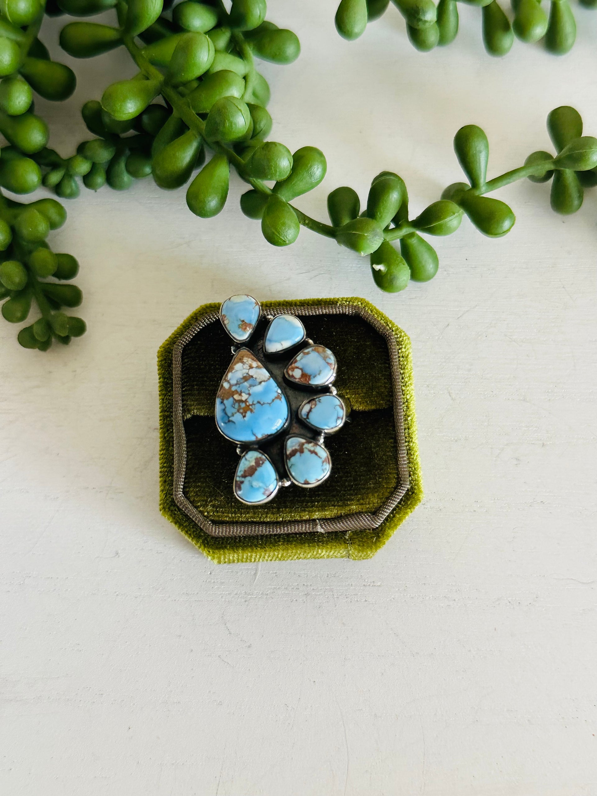 Southwest Handmade Golden Hills Turquoise & Sterling Silver Adjustable Cluster Ring