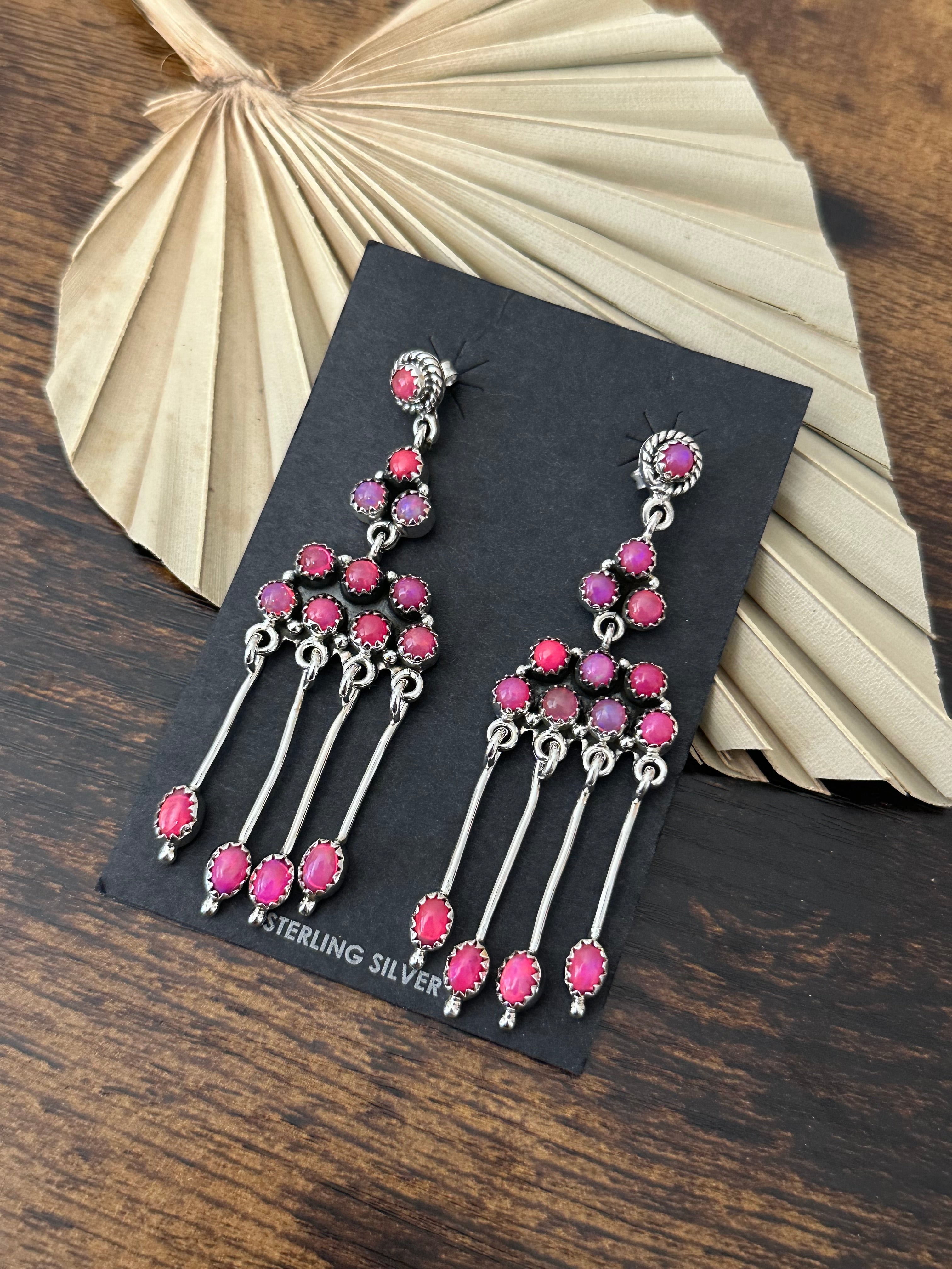 Southwest Handmade Hot Pink Opal & Sterling Silver Post Dangle Earrings