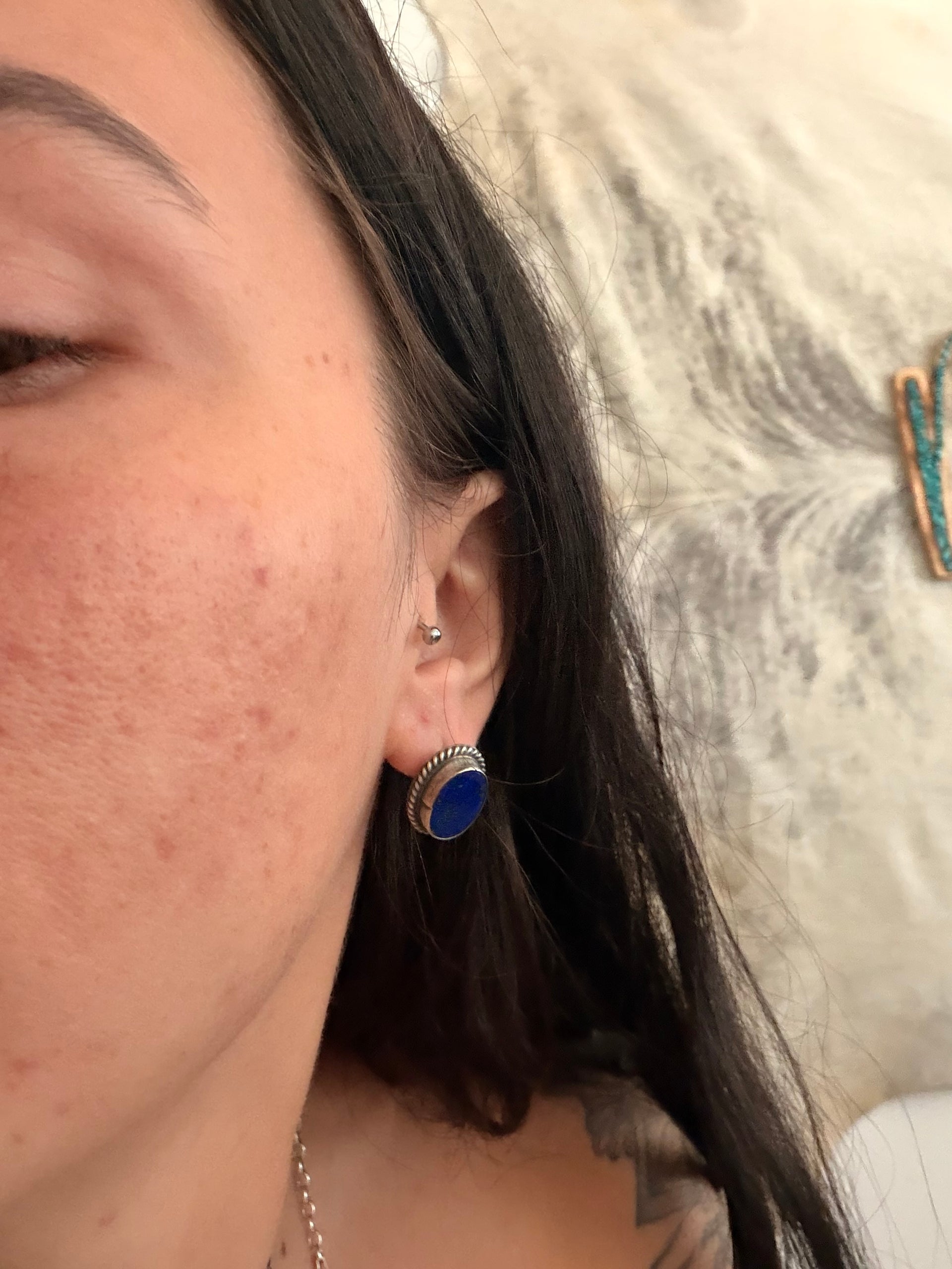 Navajo Made Lapis & Sterling Silver Post Earrings