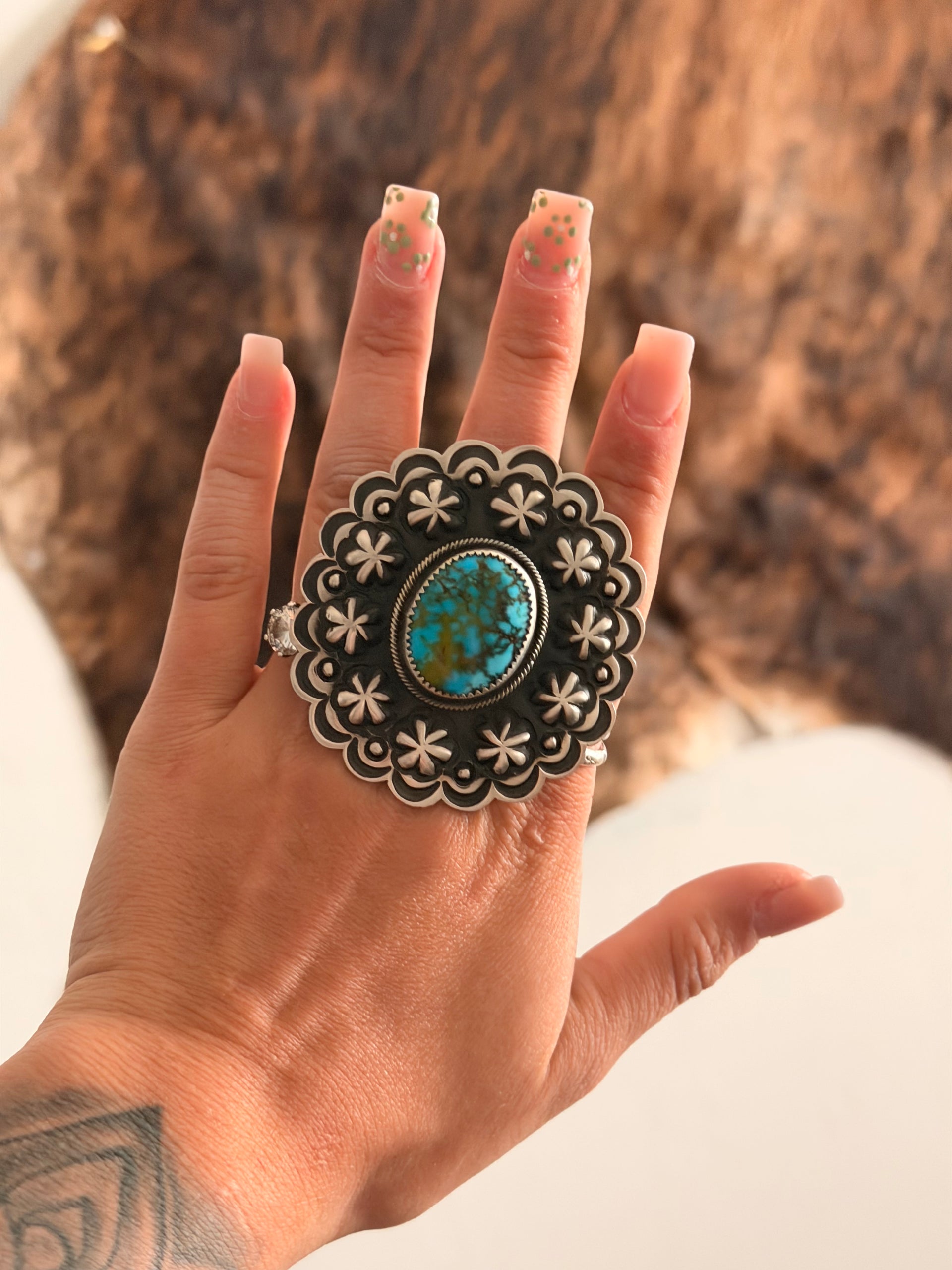Leander Tahe High Grade Kingman Turquoise & Sterling Silver Concho Adjustable Ring